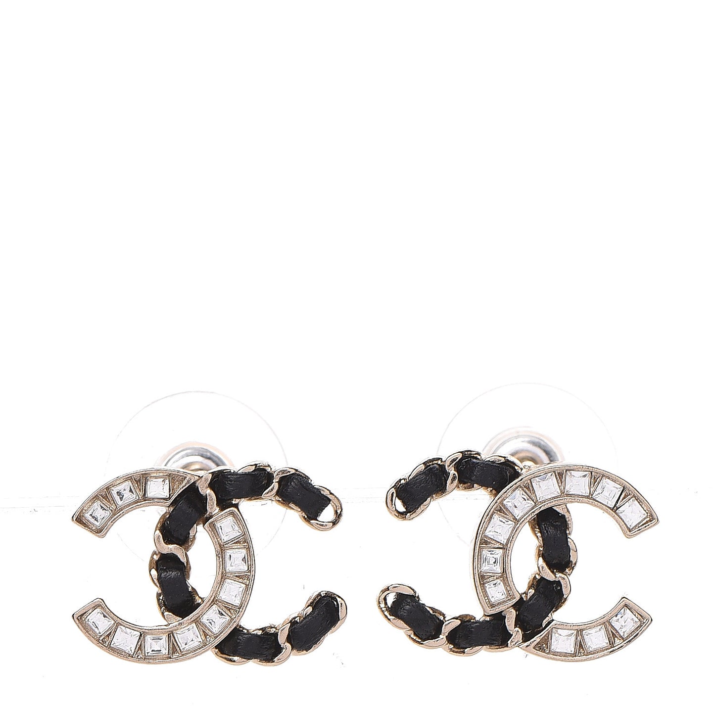 Crystal Baguette Lambskin Chain CC Vintage Allure Stud Earrings Black Gold