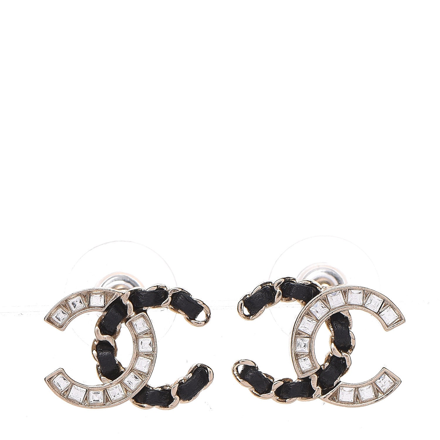 Chanel Crystal Baguette Lambskin Chain CC Vintage Allure Stud Earrings Black Gold 1 of 5