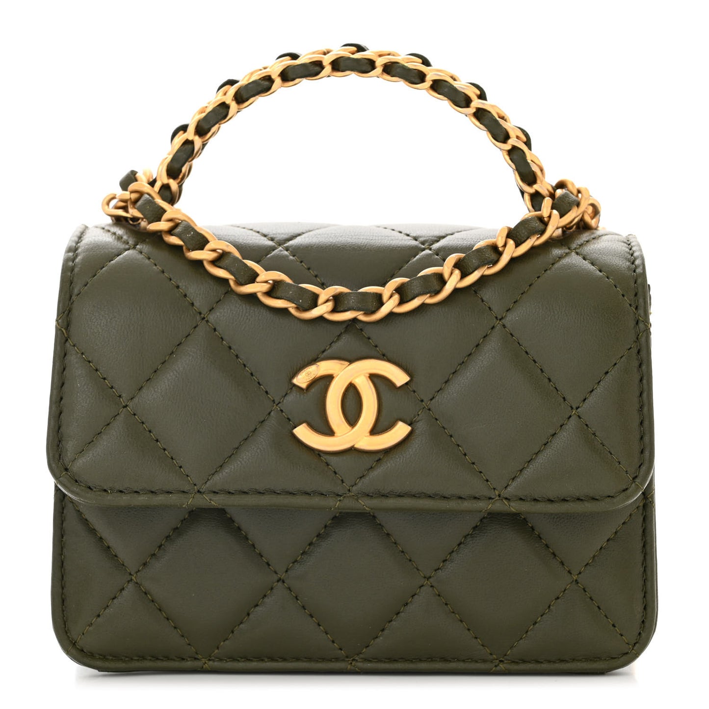 Lambskin Quilted Chain Top Handle Clutch With Chain Khaki