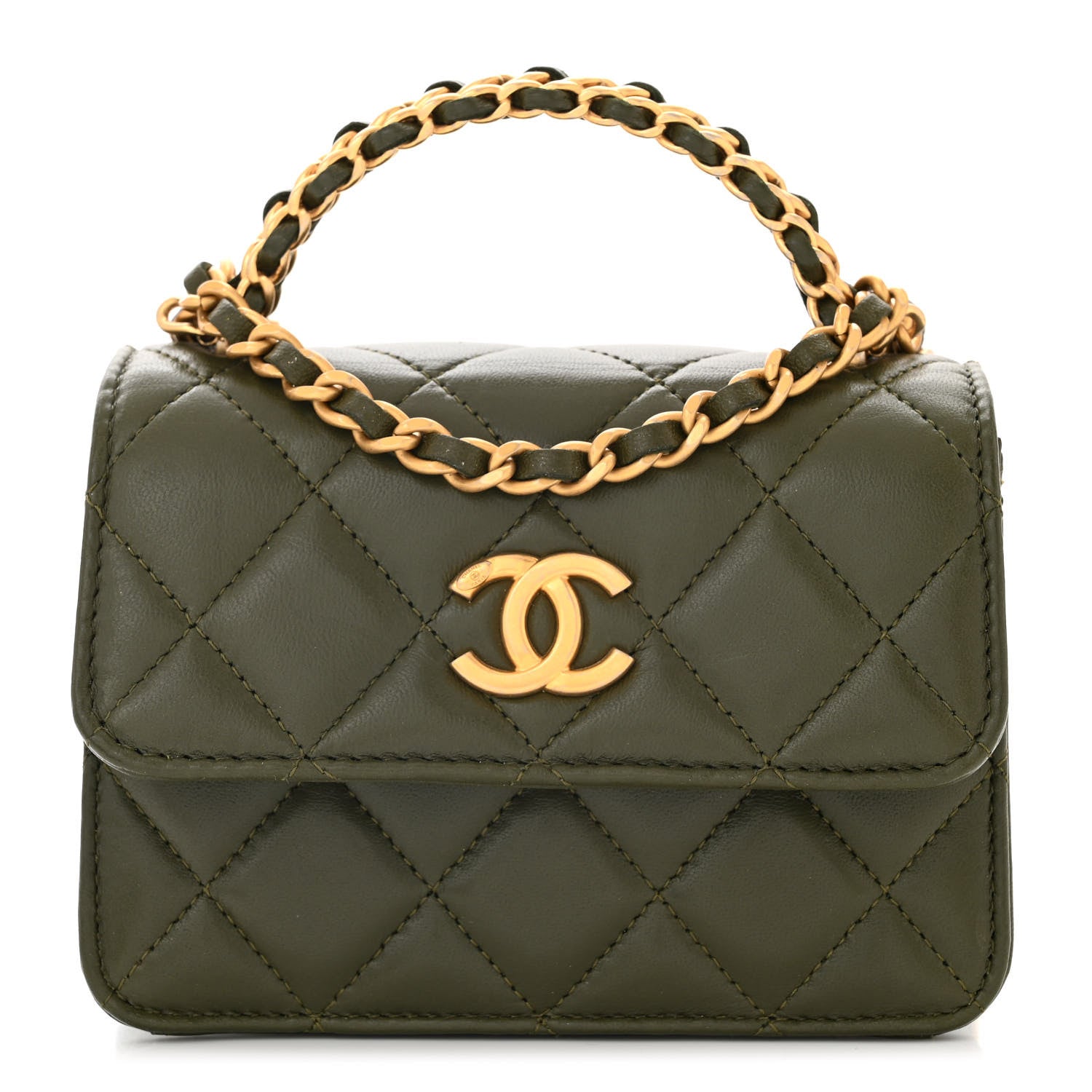 Chanel Lambskin Quilted Chain Top Handle Clutch With Chain Khaki 1 of 12