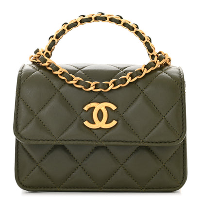 Chanel Lambskin Quilted Chain Top Handle Clutch With Chain Khaki 1 of 12