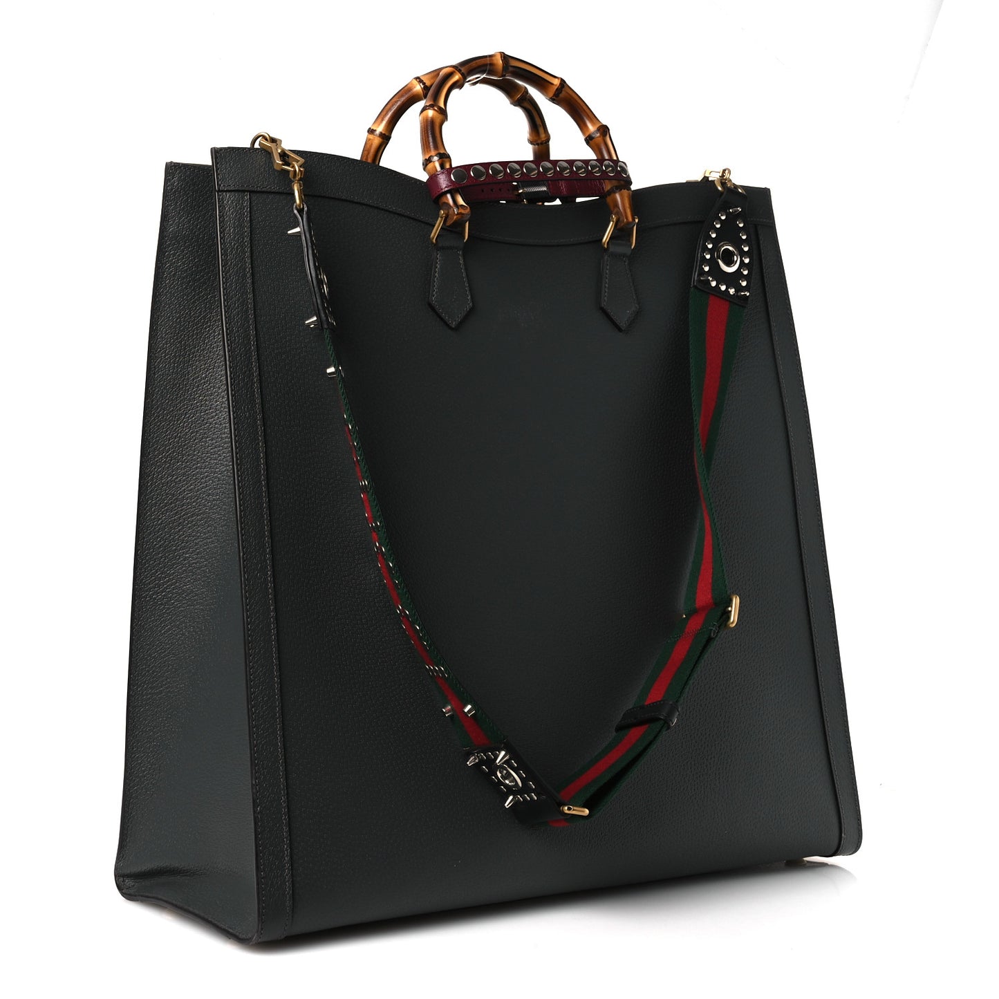 Textured Dollar Calfskin Web Studded Maxi Diana Tote Bag Graphite Grey