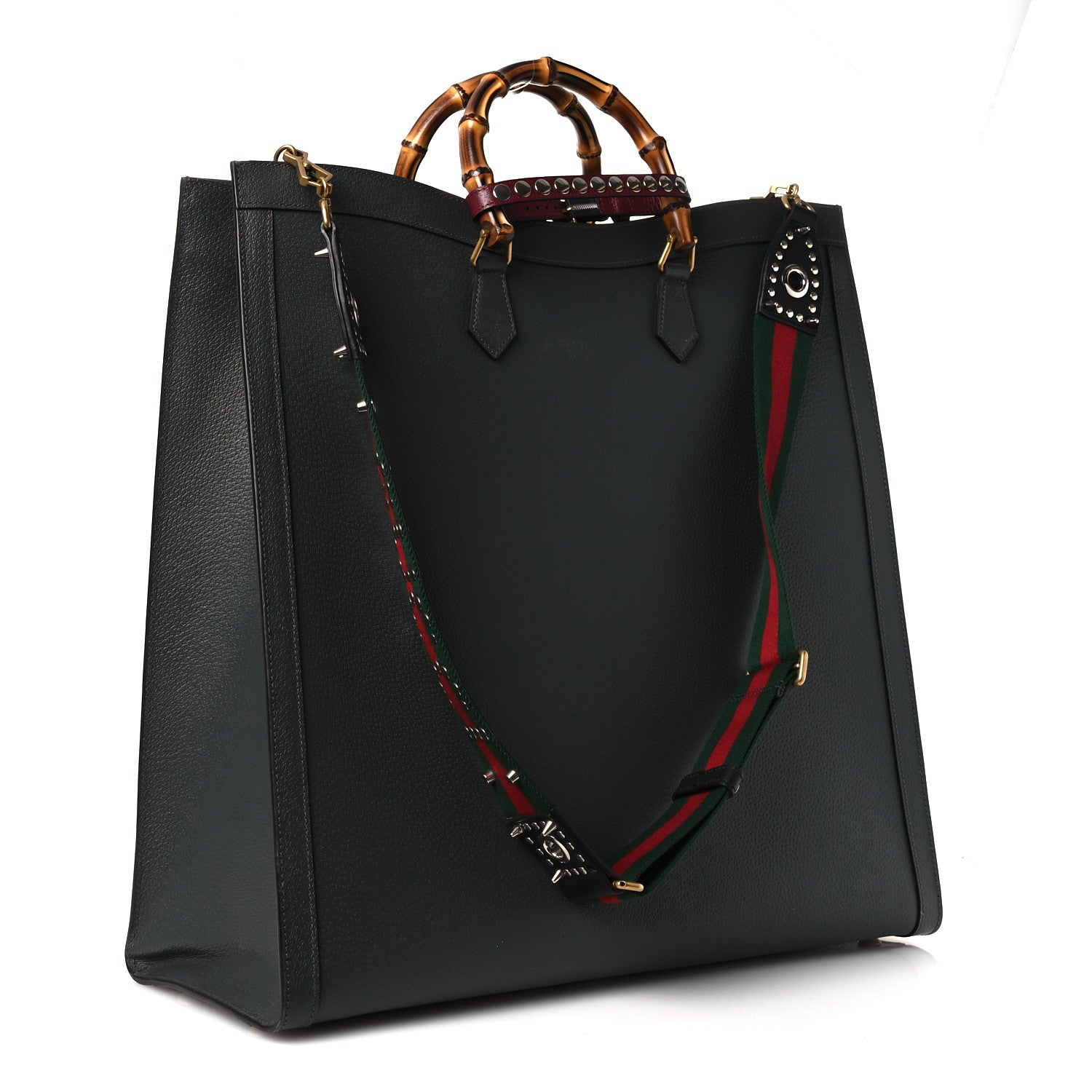 Gucci Textured Dollar Calfskin Web Studded Maxi Diana Tote Bag Graphite Grey 2 of 14