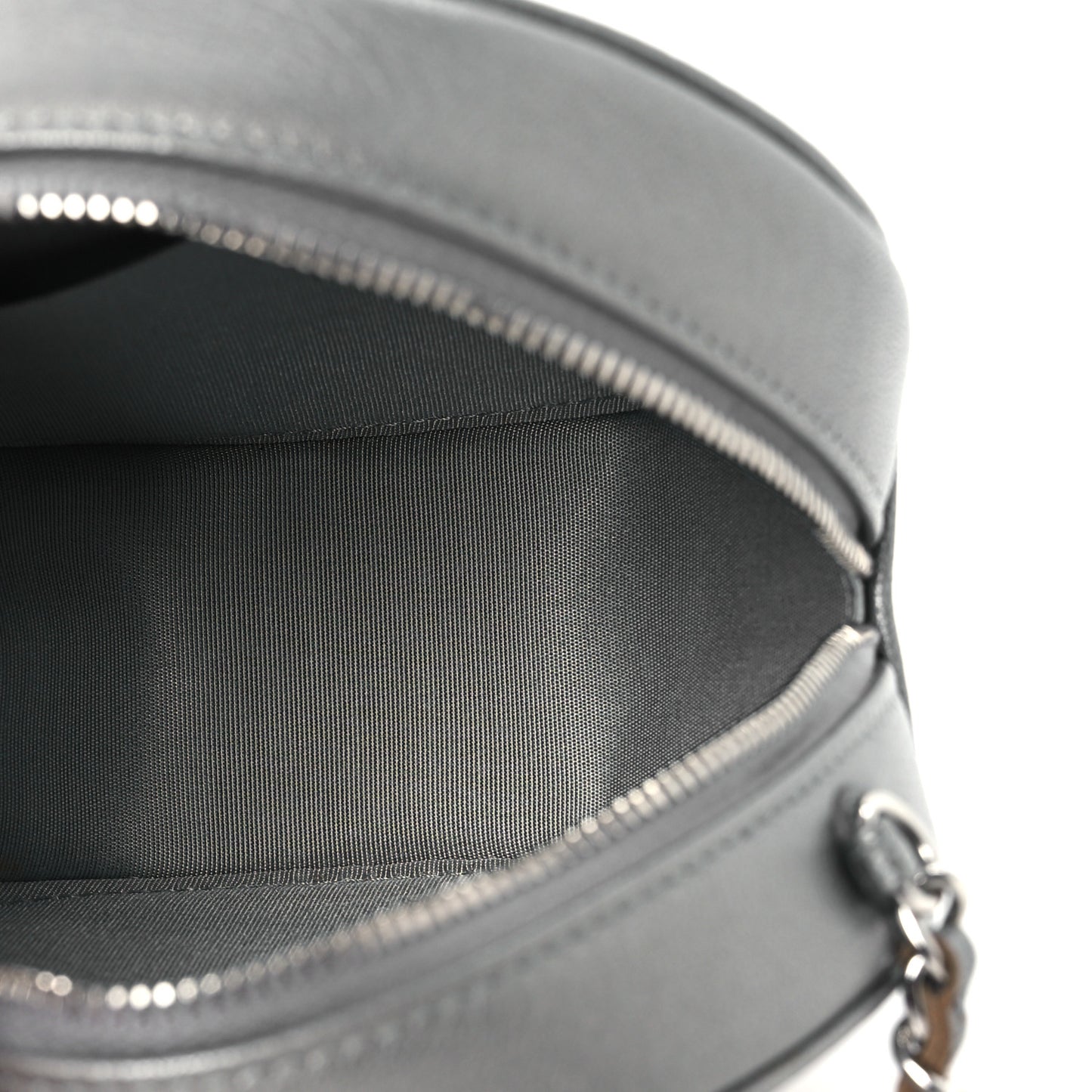 Goatskin Camellia Embossed Round Clutch With Chain Grey