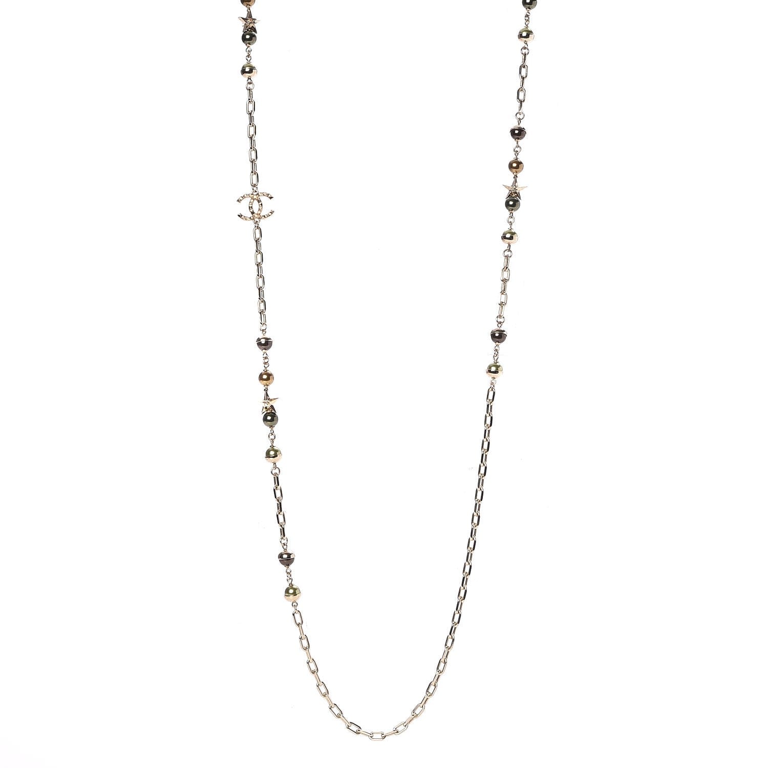 Chanel Beaded Star CC Long Necklace Gold Green 1 of 4