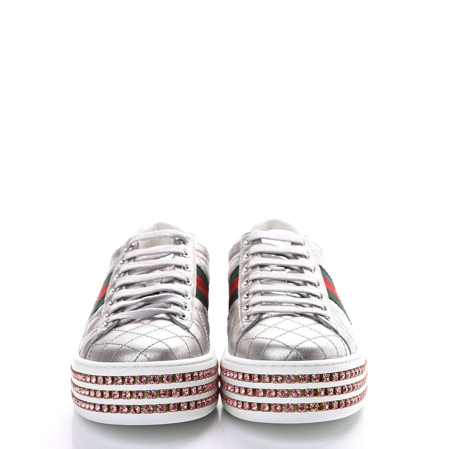 Gucci Laminated Nappa Crystal Web Bee Embroidered Trapuntata Womens Ace Platform Sneakers 36.5 Argento 2 of 8