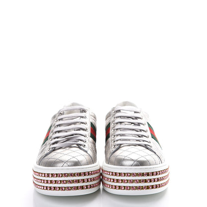 Gucci Laminated Nappa Crystal Web Bee Embroidered Trapuntata Womens Ace Platform Sneakers 36.5 Argento 2 of 8