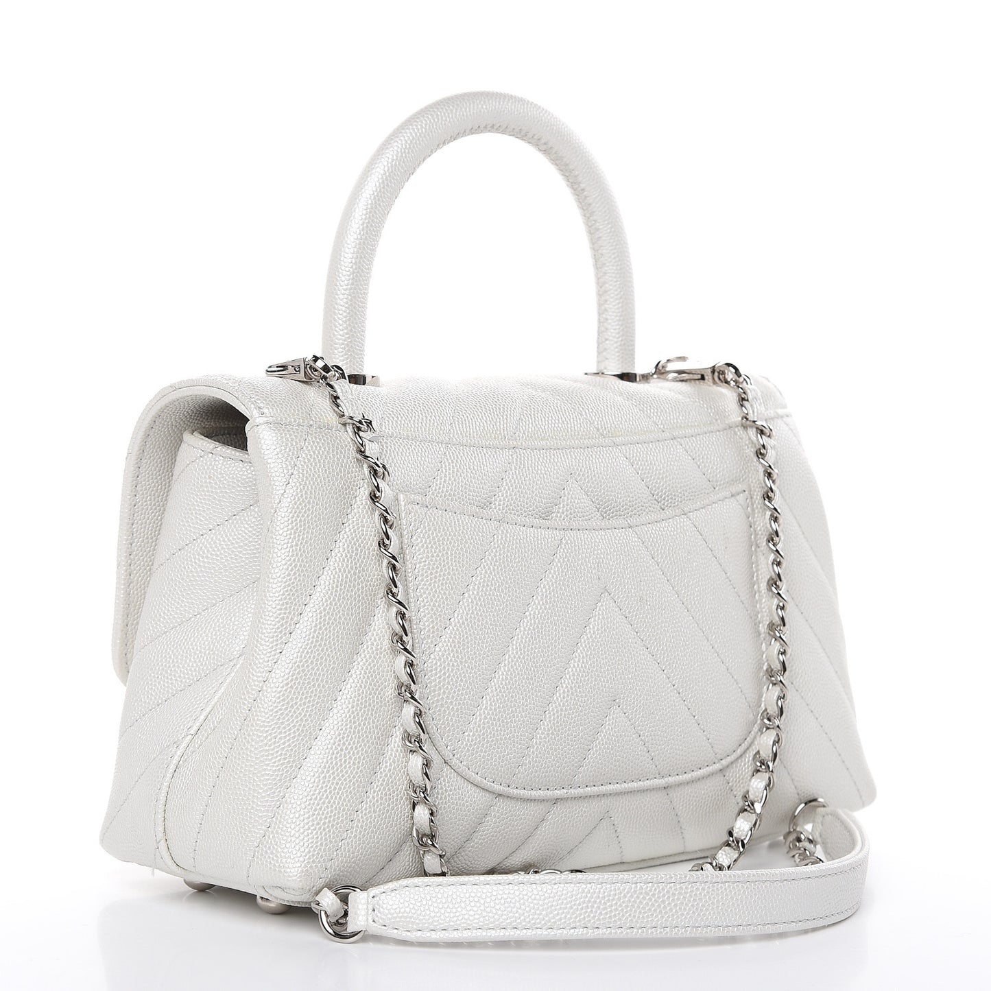 Iridescent Caviar Chevron Quilted Mini Coco Handle Flap White