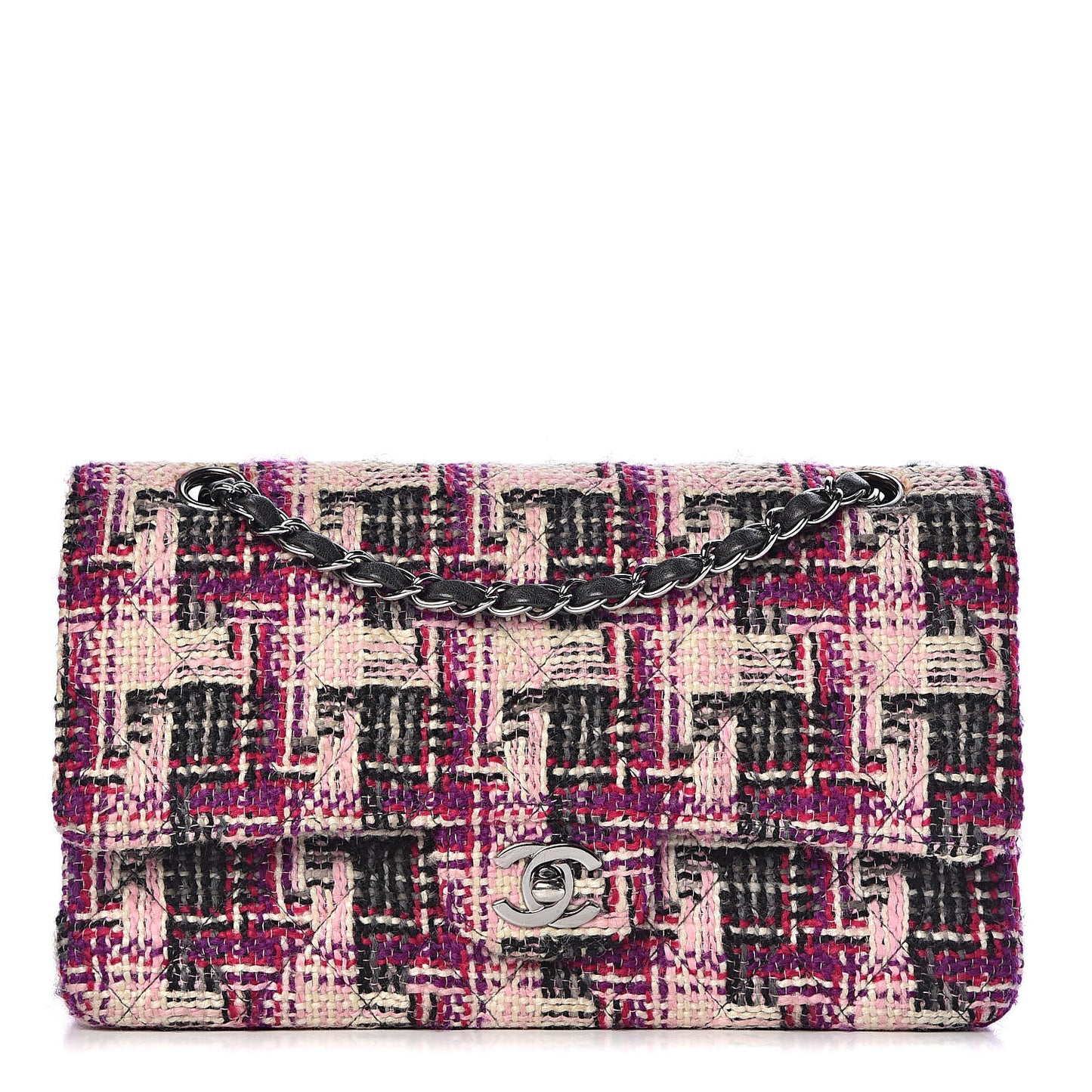 Tweed Quilted Medium Double Flap Pink Black