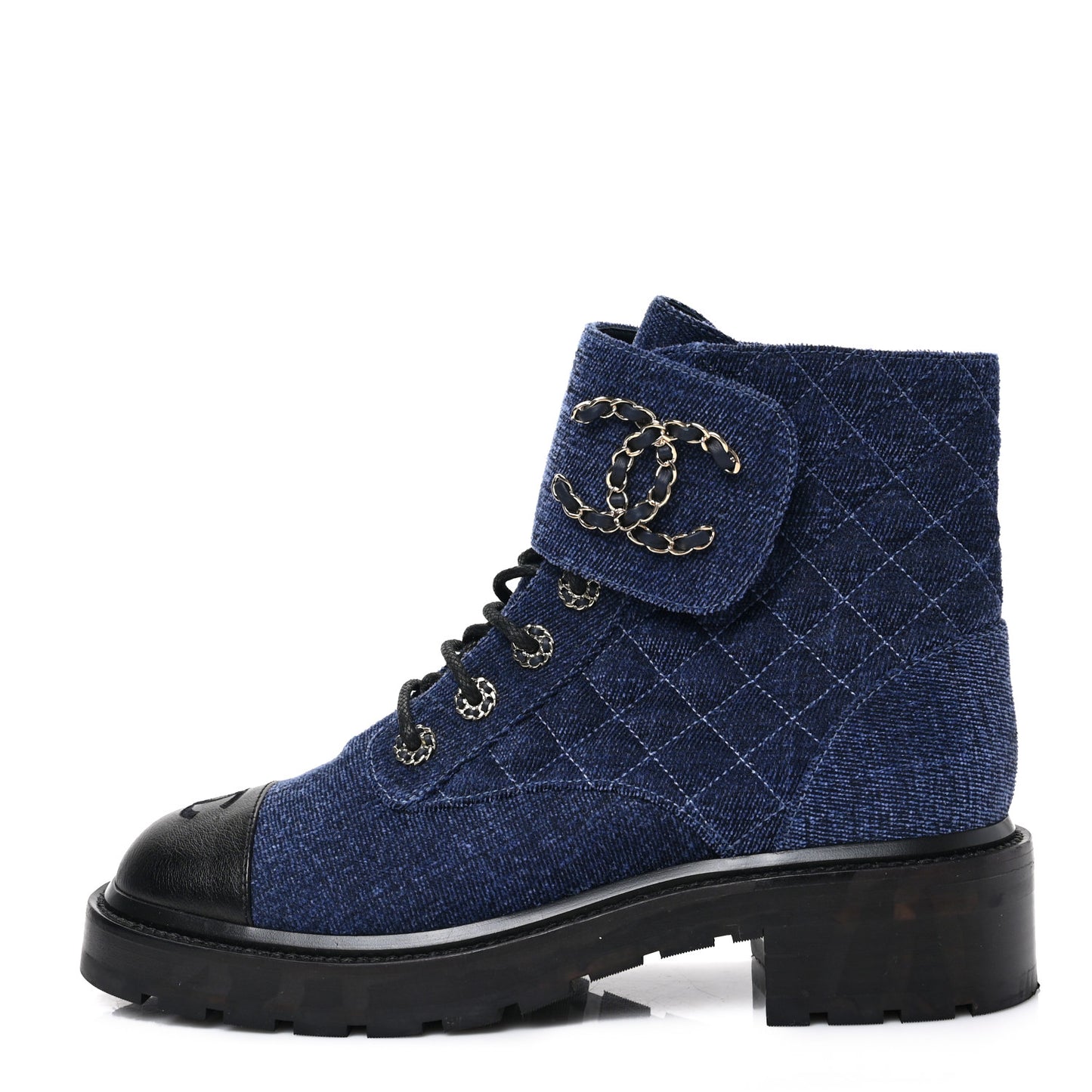 Denim Calfskin Quilted Lace Up Combat Boots 40 Blue