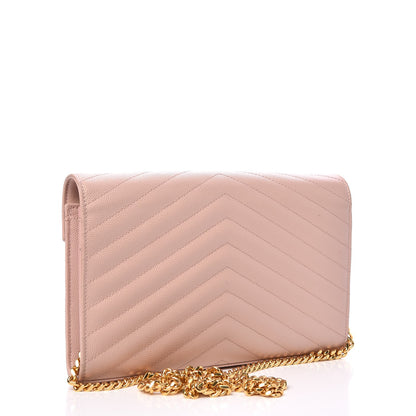 Saint Laurent Grain De Poudre Matelasse Chevron Monogram Chain Wallet Pale Pink 3 of 9
