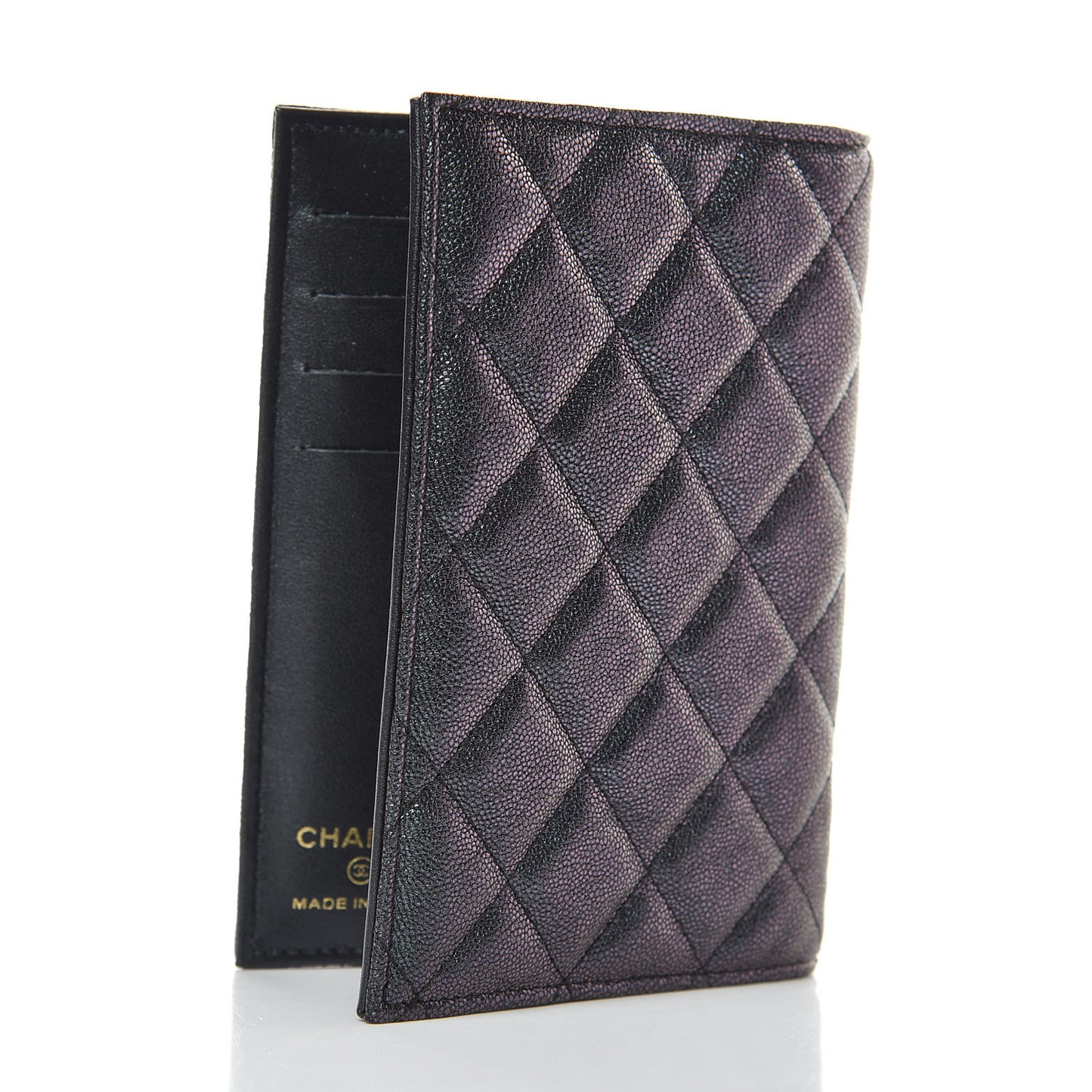 Iridescent Caviar Quilted Passport Holder Black