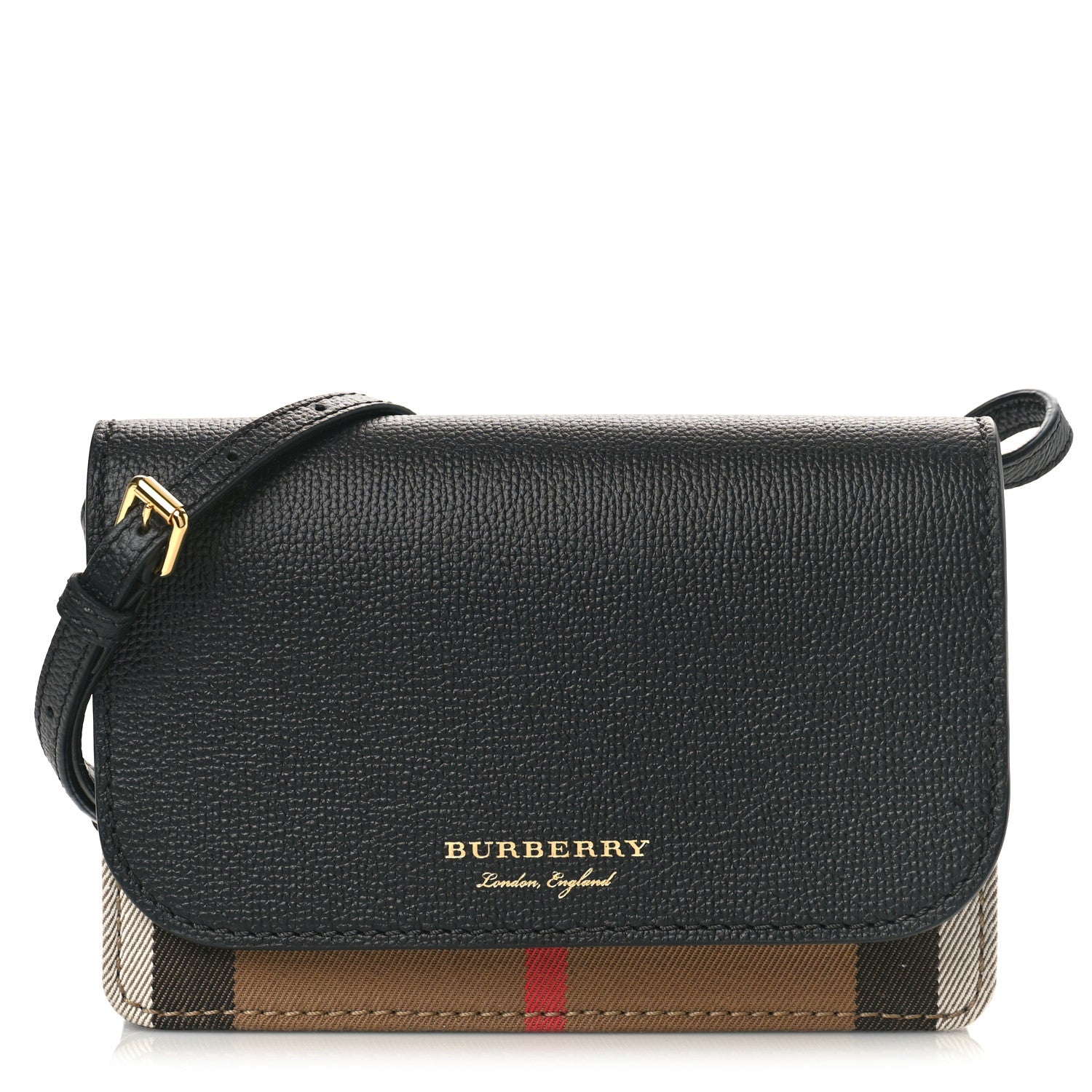 Burberry Derby Calfskin House Check Wallet On Chain Black 1 of 8