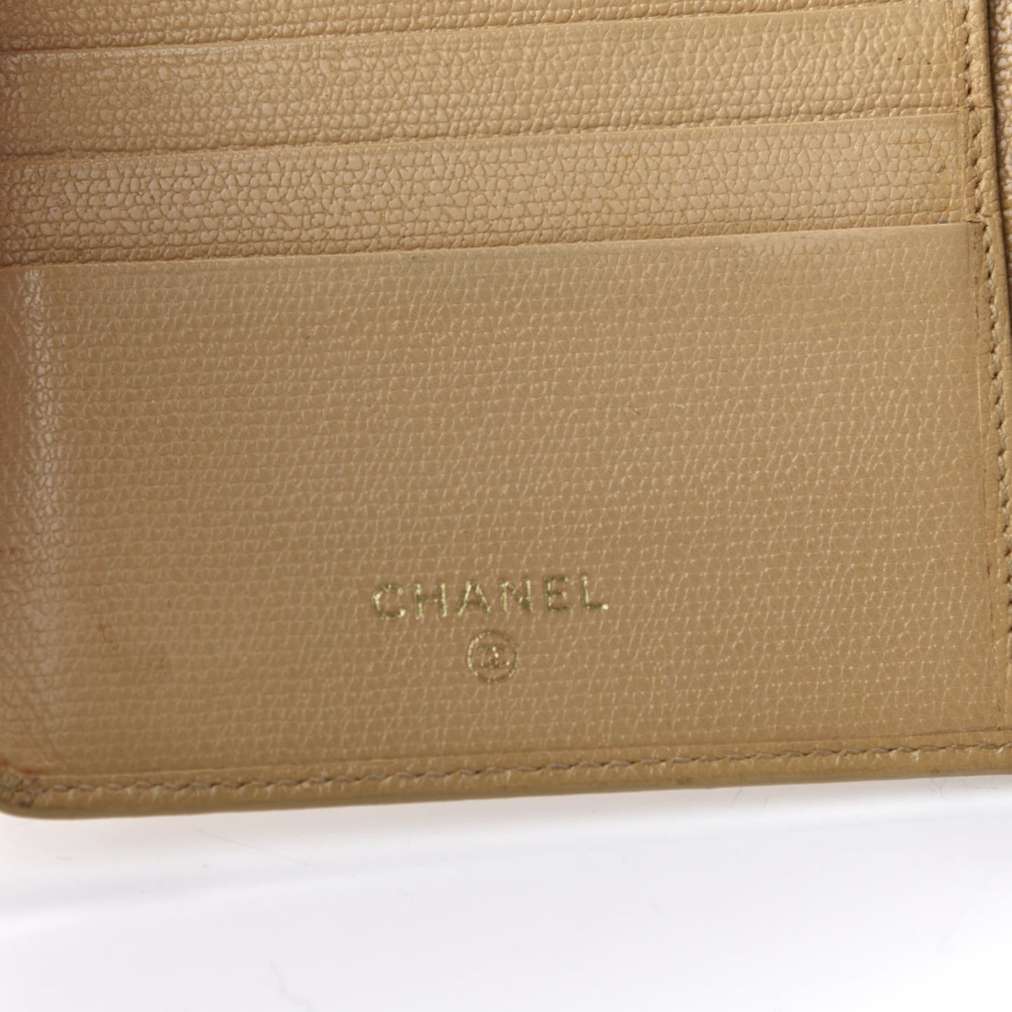 Grained Calfskin CC Button Bi-Fold Wallet Beige