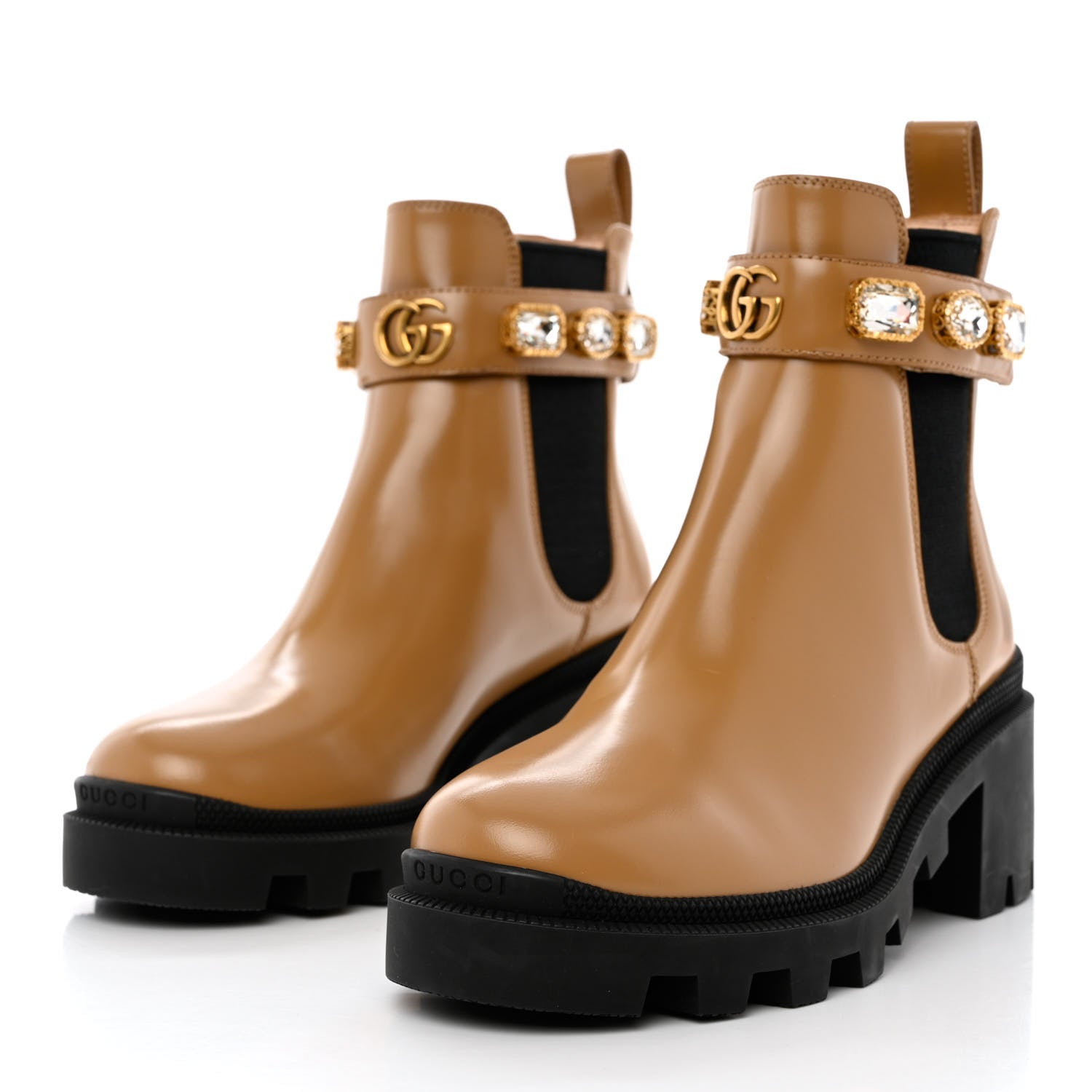 Gucci Calfskin Crystal GG Trip Chelsea Ankle Boots 35.5 Natural Tan 3 of 9