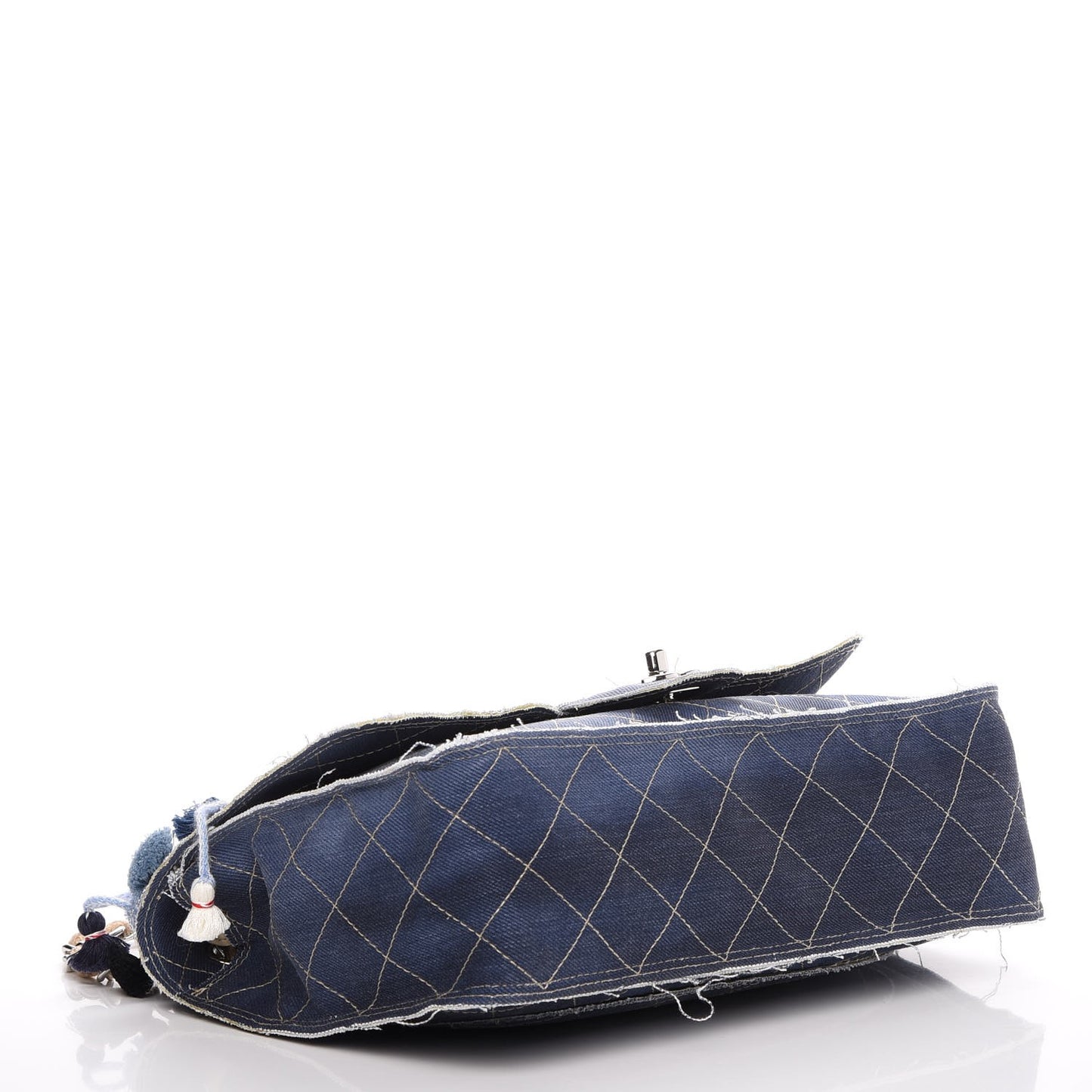 Denim Quilted Jumbo Pompom Flap Dark Blue