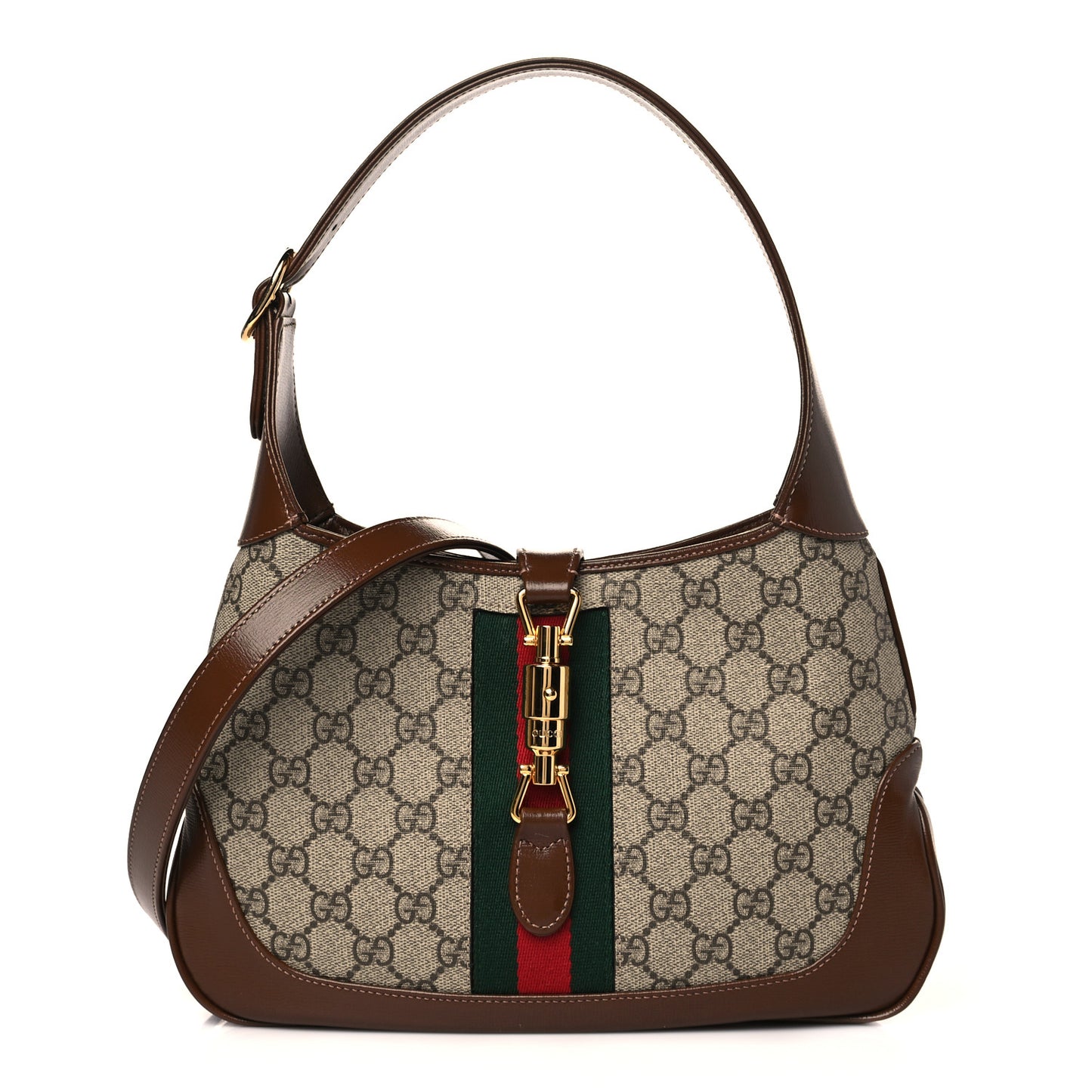 GG Supreme Monogram Azalea Calfskin Web Small Jackie 1961 Hobo Beige Ebony Brown Sugar