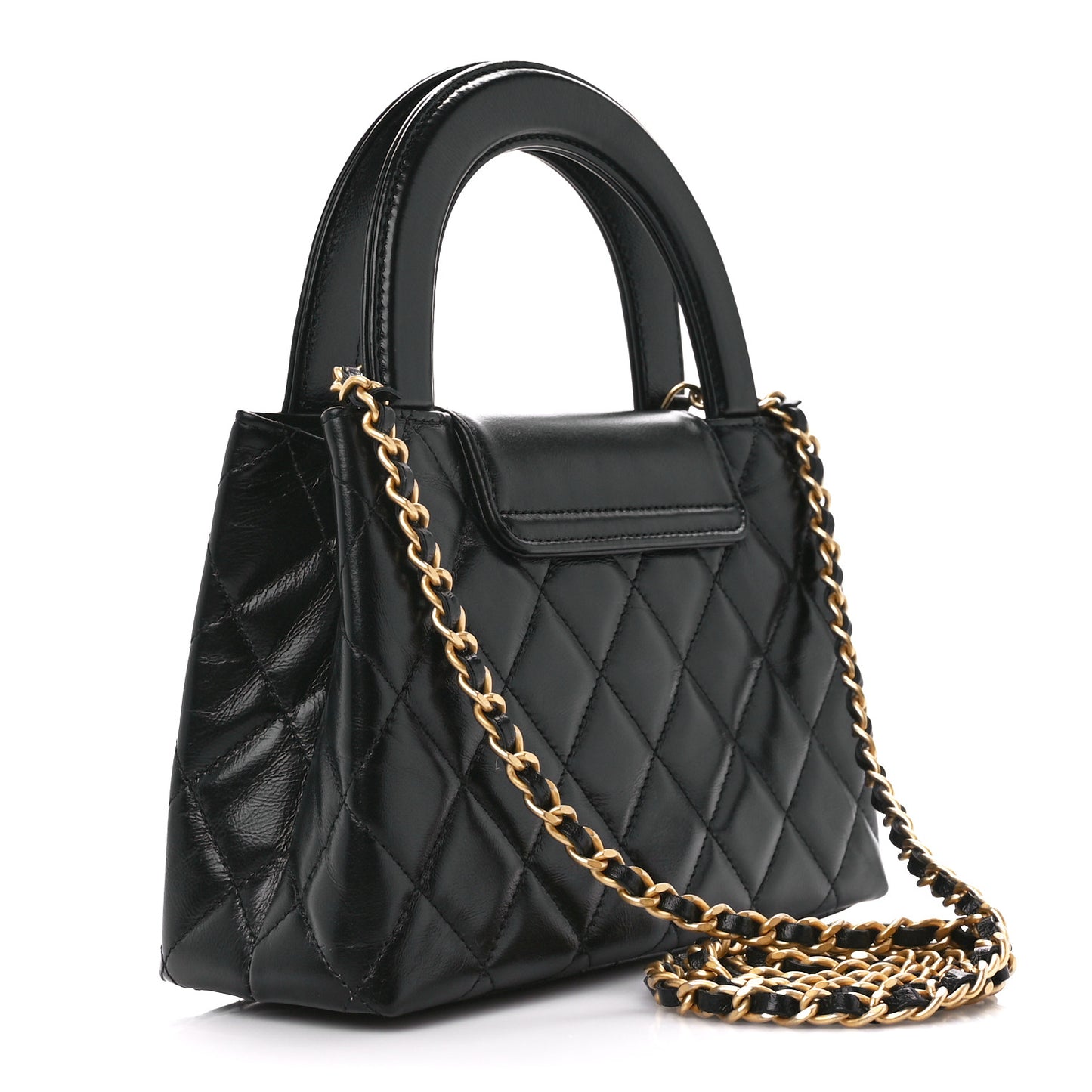 Shiny Aged Calfskin Quilted Nano Kelly Shopper Black
