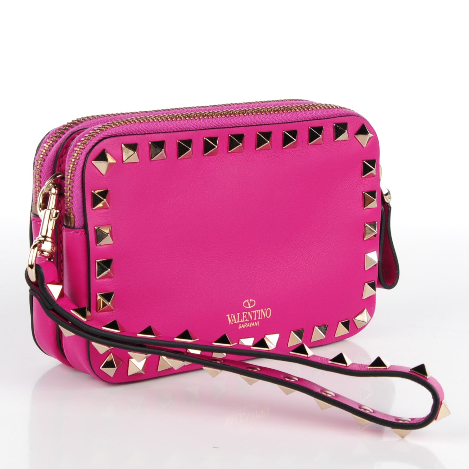Valentino Garavani Vitello Rockstud Double Zip Compartment Clutch Wristlet Bag Fuxia 3 of 7
