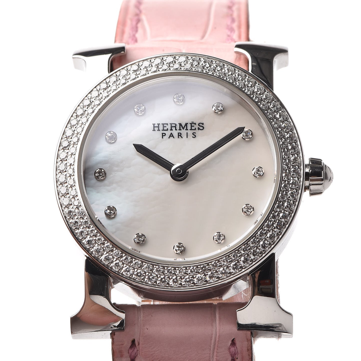 Stainless Steel Alligator Diamond Mother of Pearl 25mm Heure H Ronde Quartz Watch Pink
