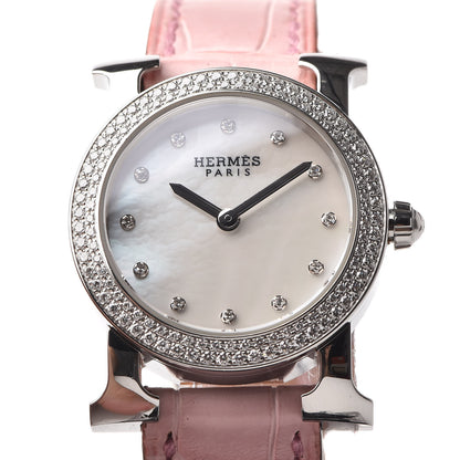 Hermes Stainless Steel Alligator Diamond Mother of Pearl 25mm Heure H Ronde Quartz Watch Pink 9 of 10