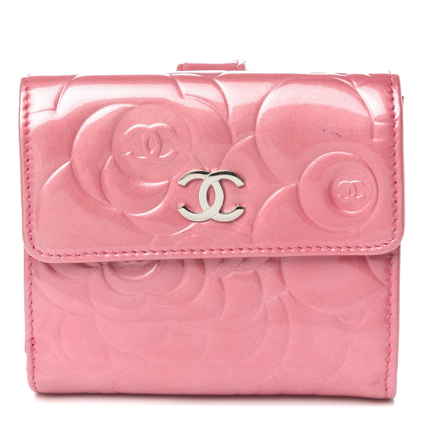Patent Embossed Camellia French Wallet Pink