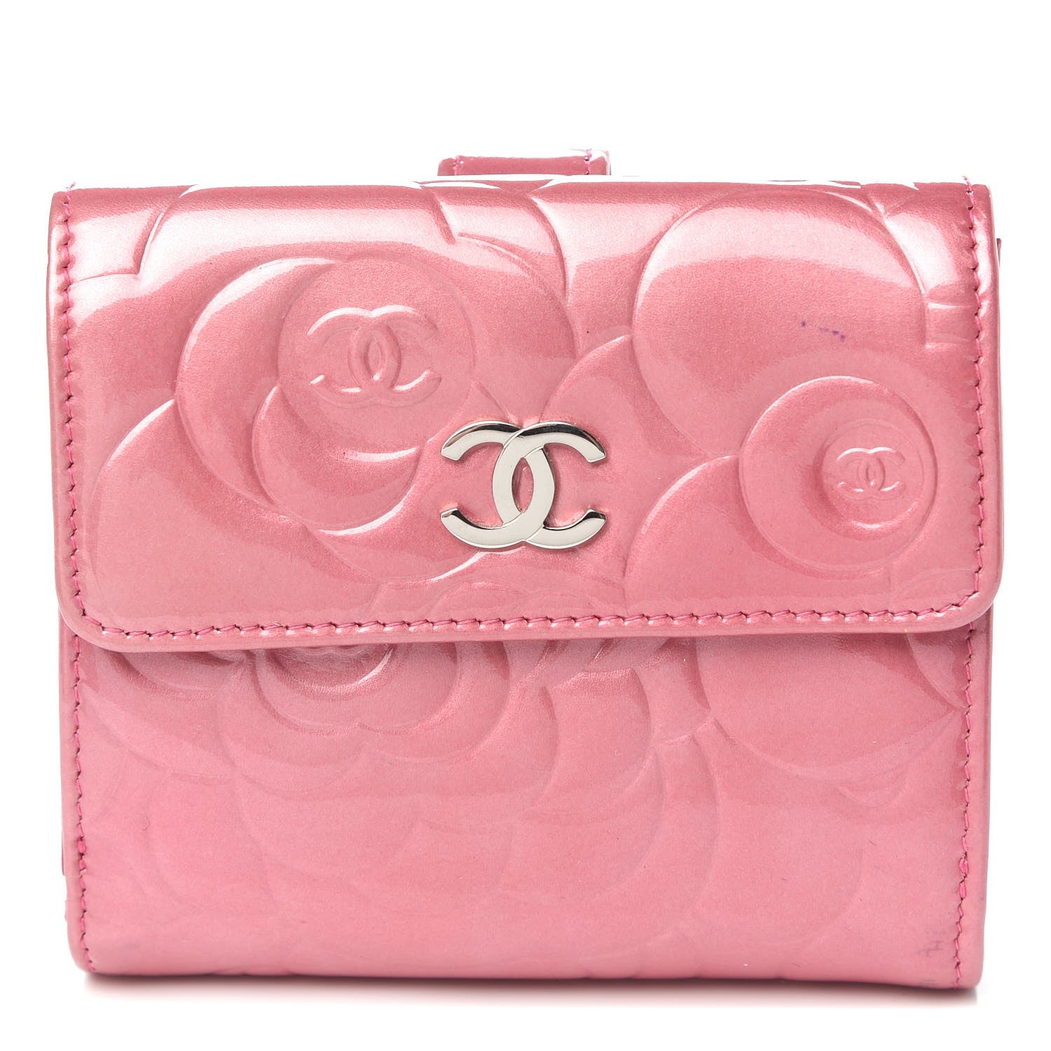 Chanel Patent Embossed Camellia French Wallet Pink 1 of 13