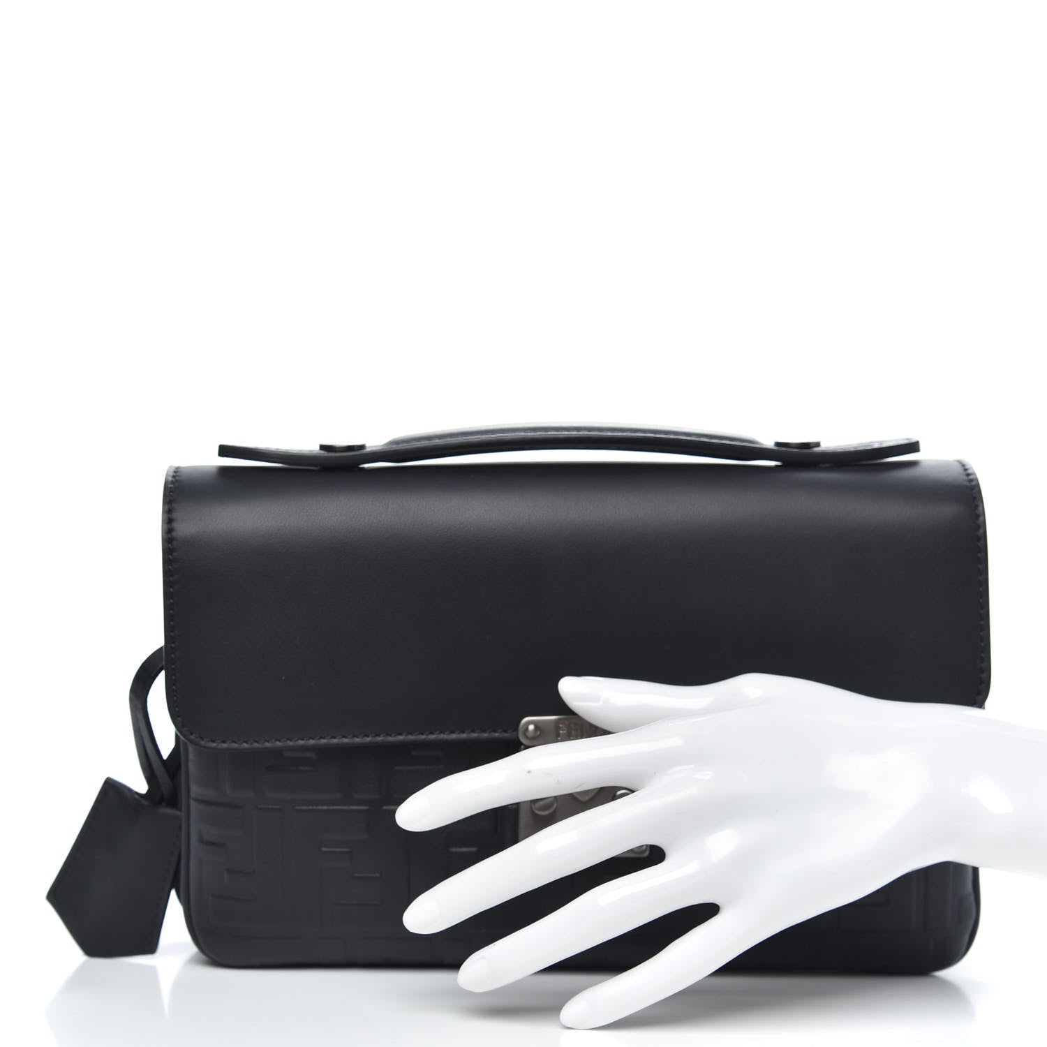 Fendi Vitello Century Grace FF Embossed Top Handle Clutch Black 2 of 9