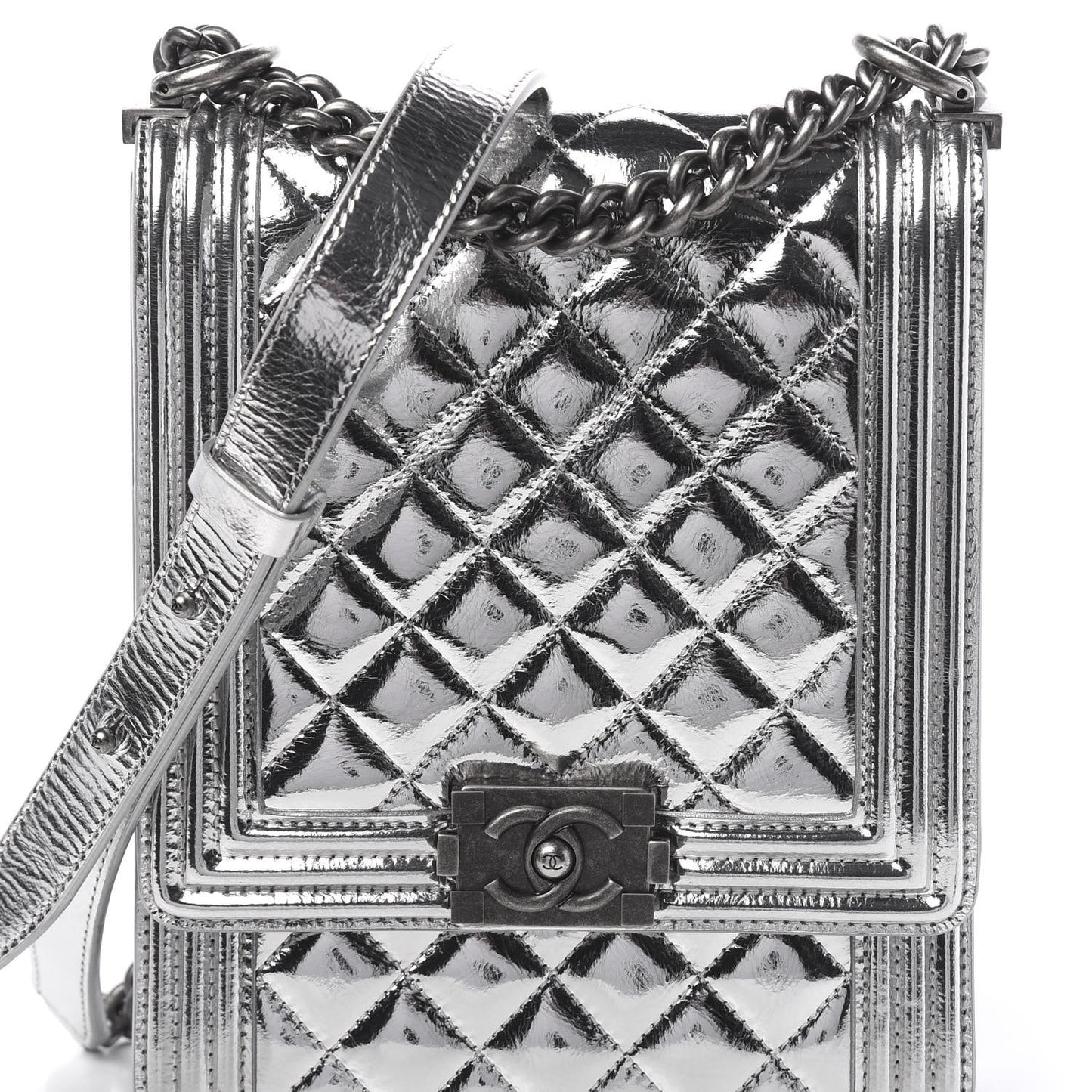 Metallic Goatskin Quilted North South Boy Flap Silver