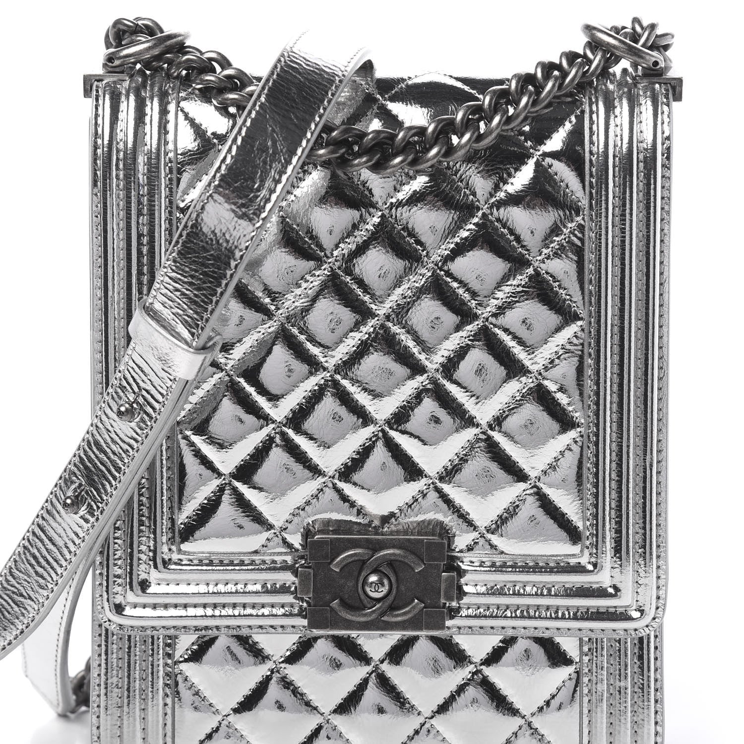 Chanel Metallic Goatskin Quilted North South Boy Flap Silver 9 of 11