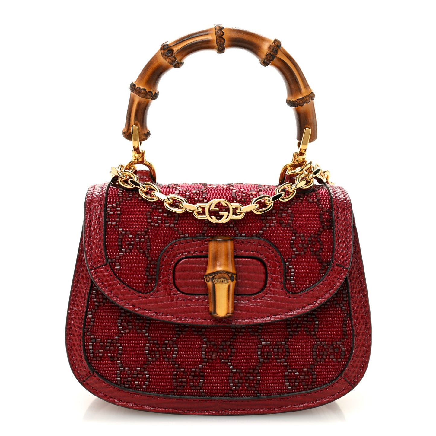 Moire Fabric Calfskin Rhinestone Monogram Monochrome Lizard Embossed Mini Bamboo 1947 Top Handle Chain Bag Red