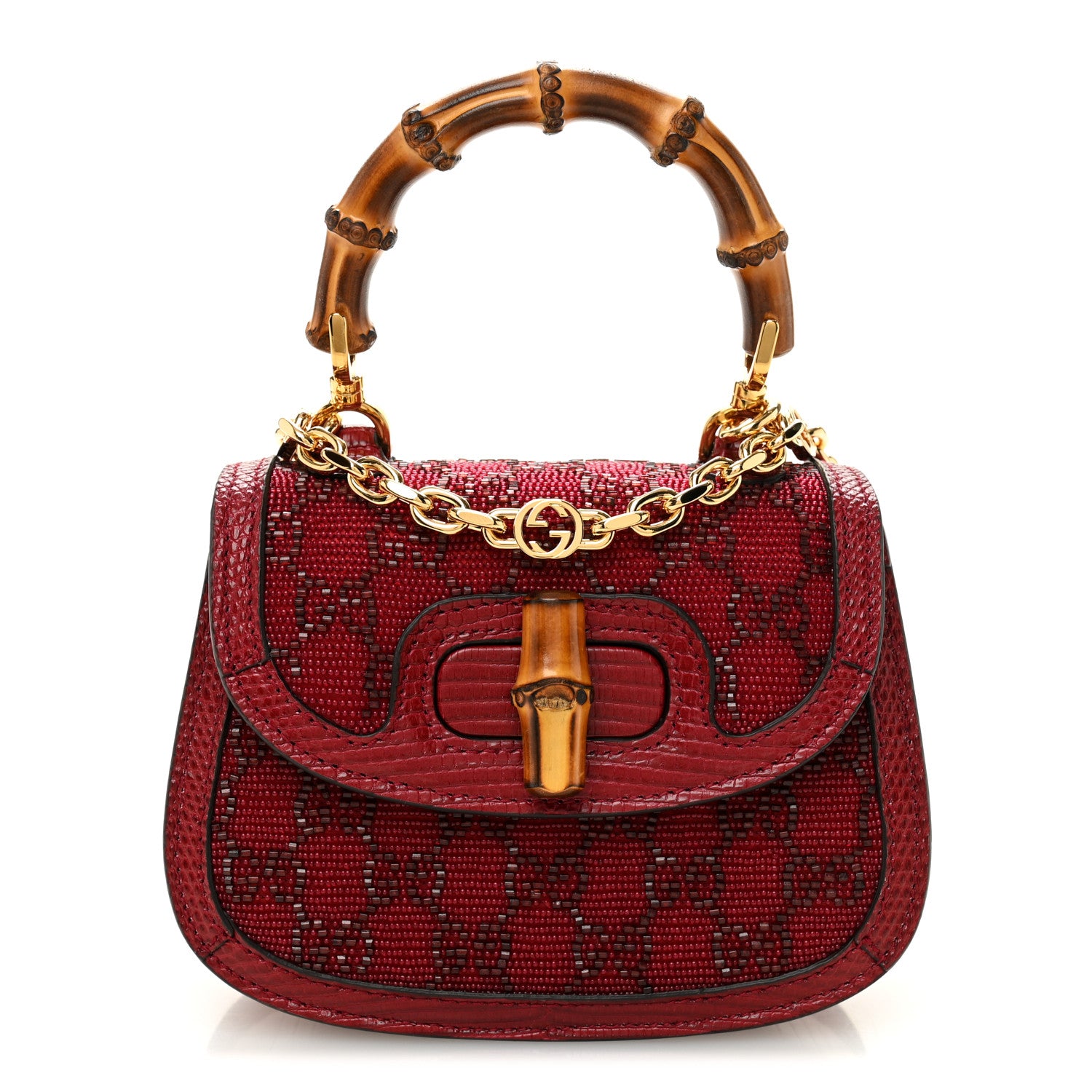 Gucci Moire Fabric Calfskin Rhinestone Monogram Monochrome Lizard Embossed Mini Bamboo 1947 Top Handle Chain Bag Red 1 of 10