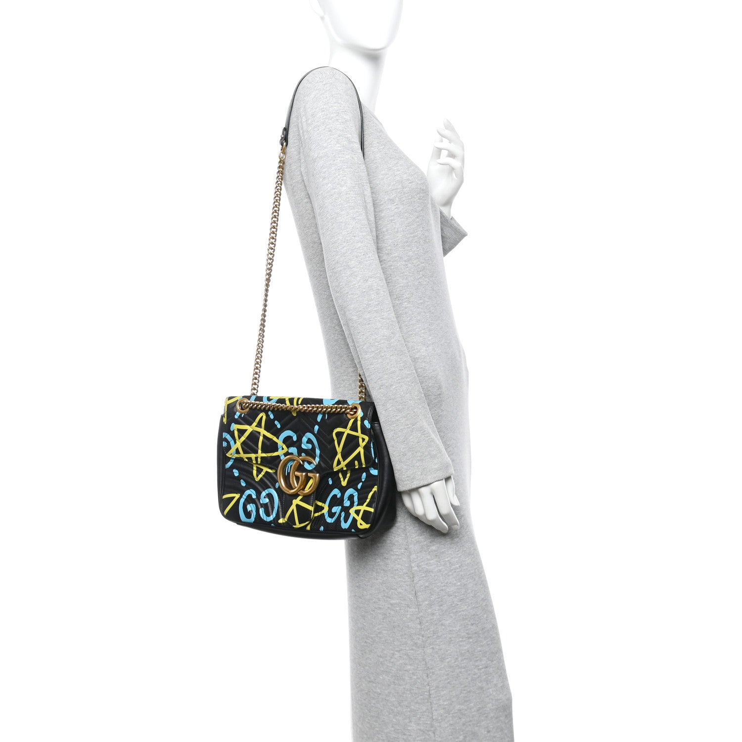 Gucci Calfskin Matelasse GucciGhost Medium GG Marmont Shoulder Bag Black New Acquamarine 2 of 12