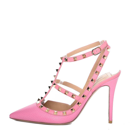 Valentino Garavani Pebbled Calfskin Rockstud Ankle Strap Pumps 40 Pink 1 of 8