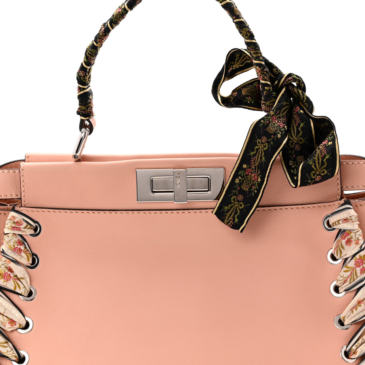 Fendi Vitello Seta Shiny Nappa Ribbon Lace Up Floral Medium Peekaboo Iconic Satchel Baby Pink Multicolor 9 of 11