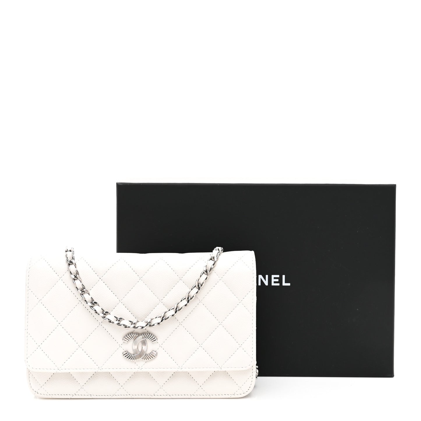 Caviar Quilted Ribbed Metal Wallet on Chain WOC White