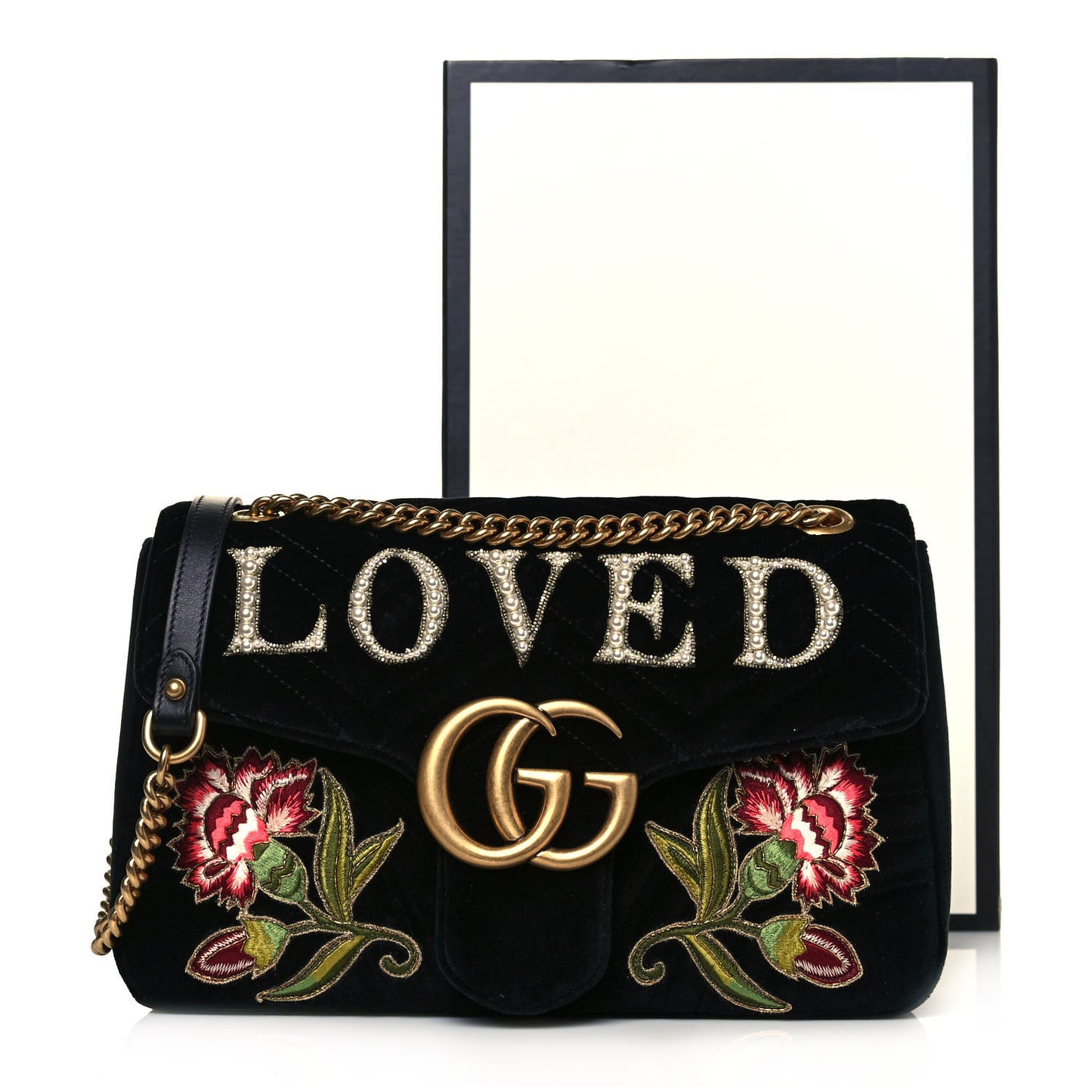 Velvet Matelasse Loved Embroidered Medium GG Marmont Shoulder Bag Black