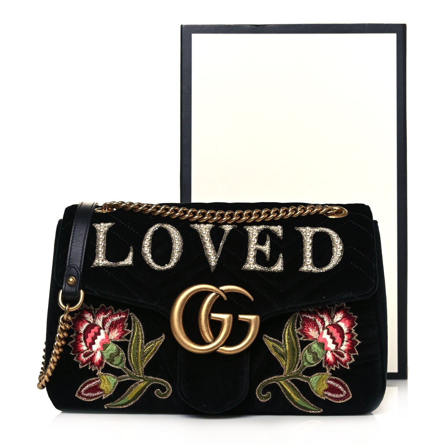 Gucci Velvet Matelasse Loved Embroidered Medium GG Marmont Shoulder Bag Black 11 of 11