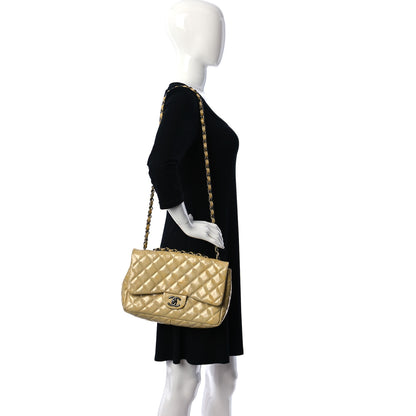 Chanel Crinkled Patent Quilted Jumbo Single Flap Light Beige 2 of 10