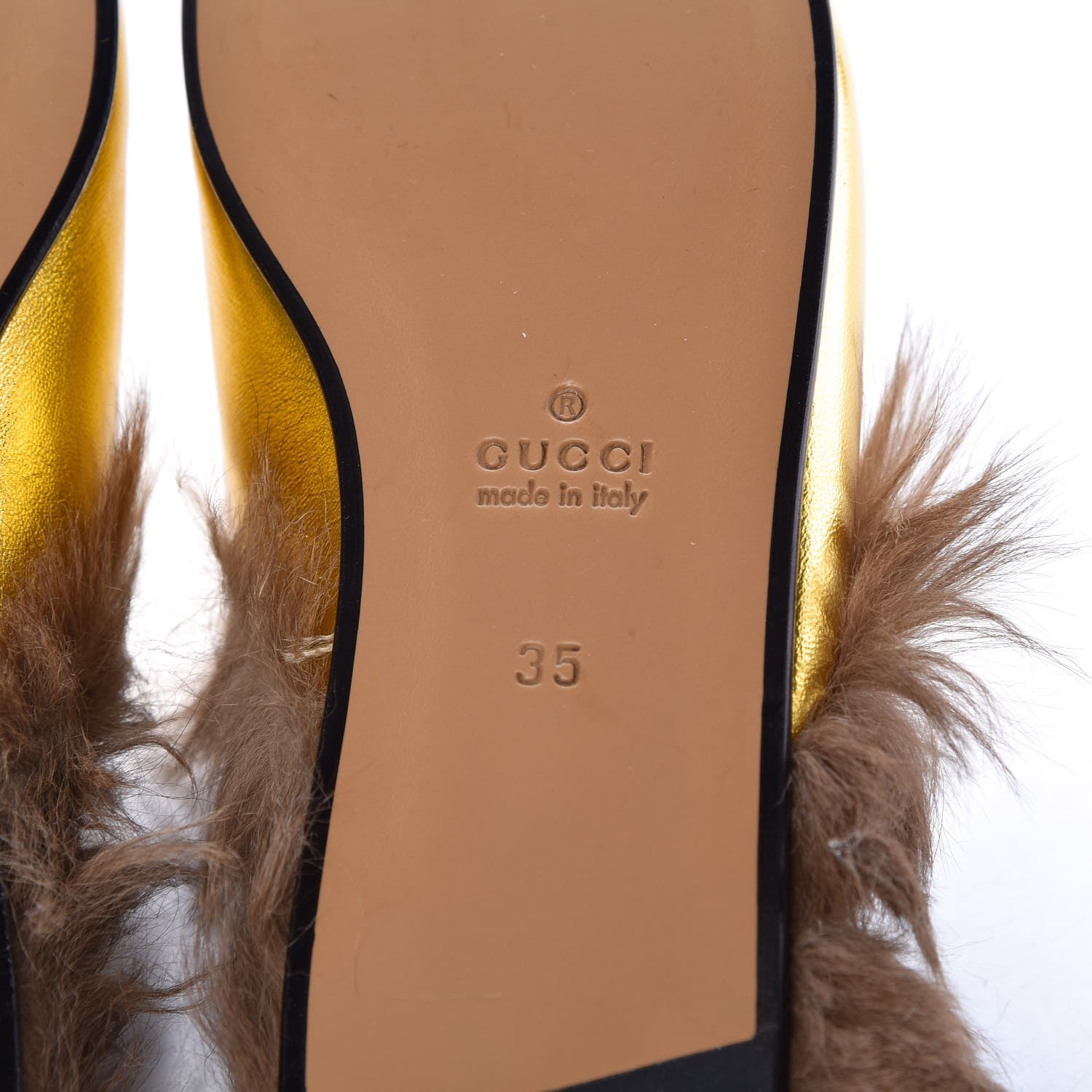 Gucci Metallic Nappa Fur Heart and Lips Womens Princetown Slippers 35 Gold 6 of 8