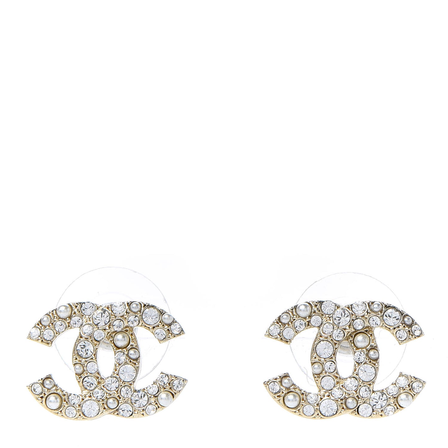 Crystal Pearl Caviar CC Stud Earrings Gold