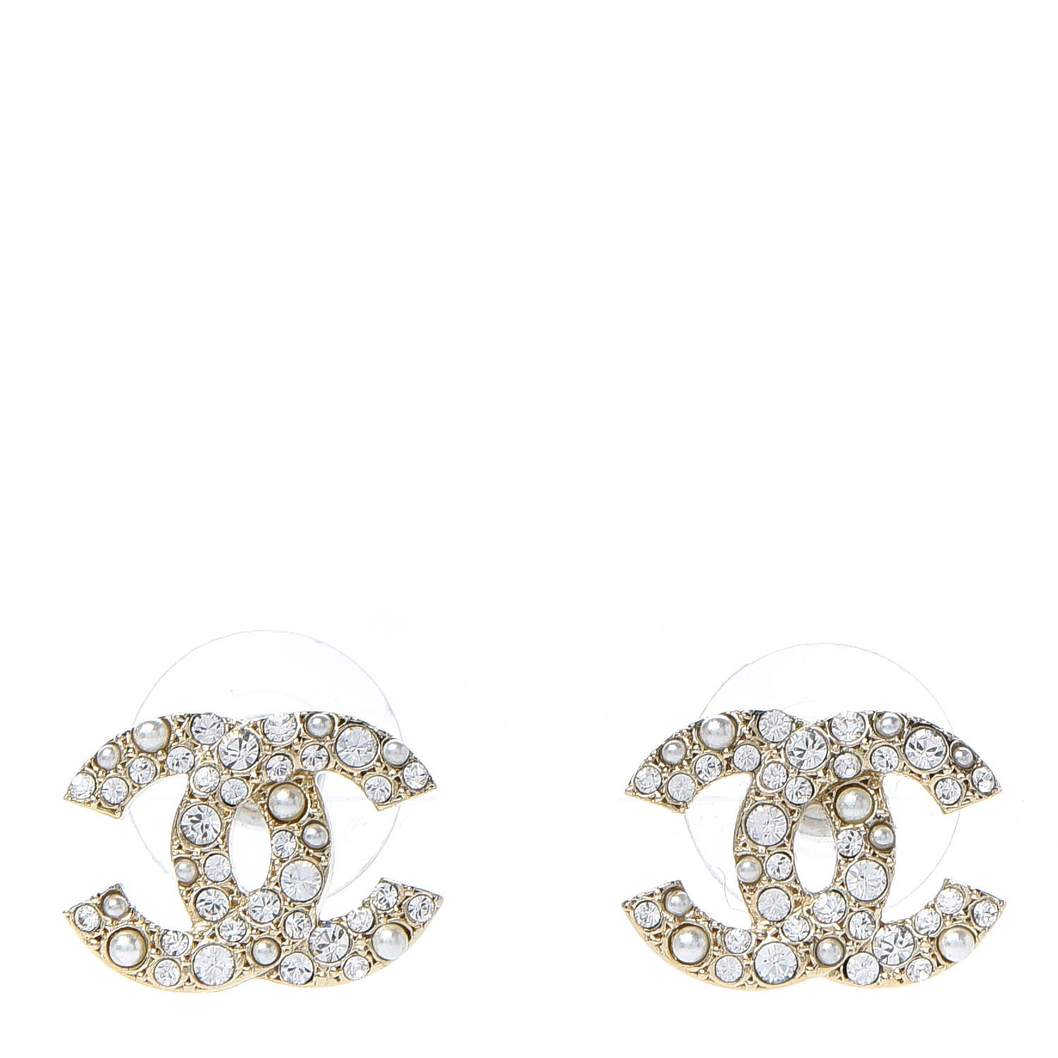 Chanel Crystal Pearl Caviar CC Stud Earrings Gold 1 of 5