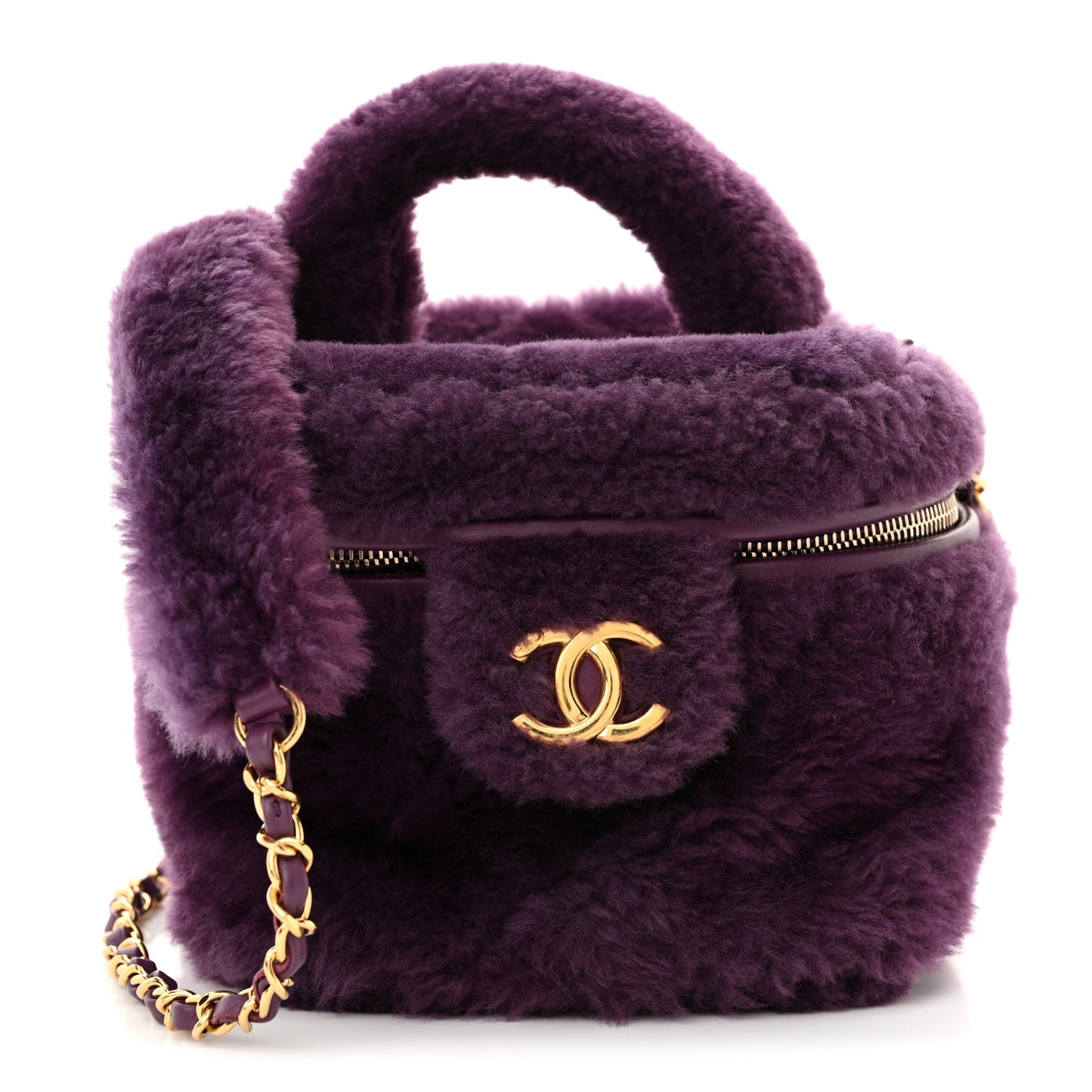Shearling Lambskin Quilted Small Vanity Case Purple