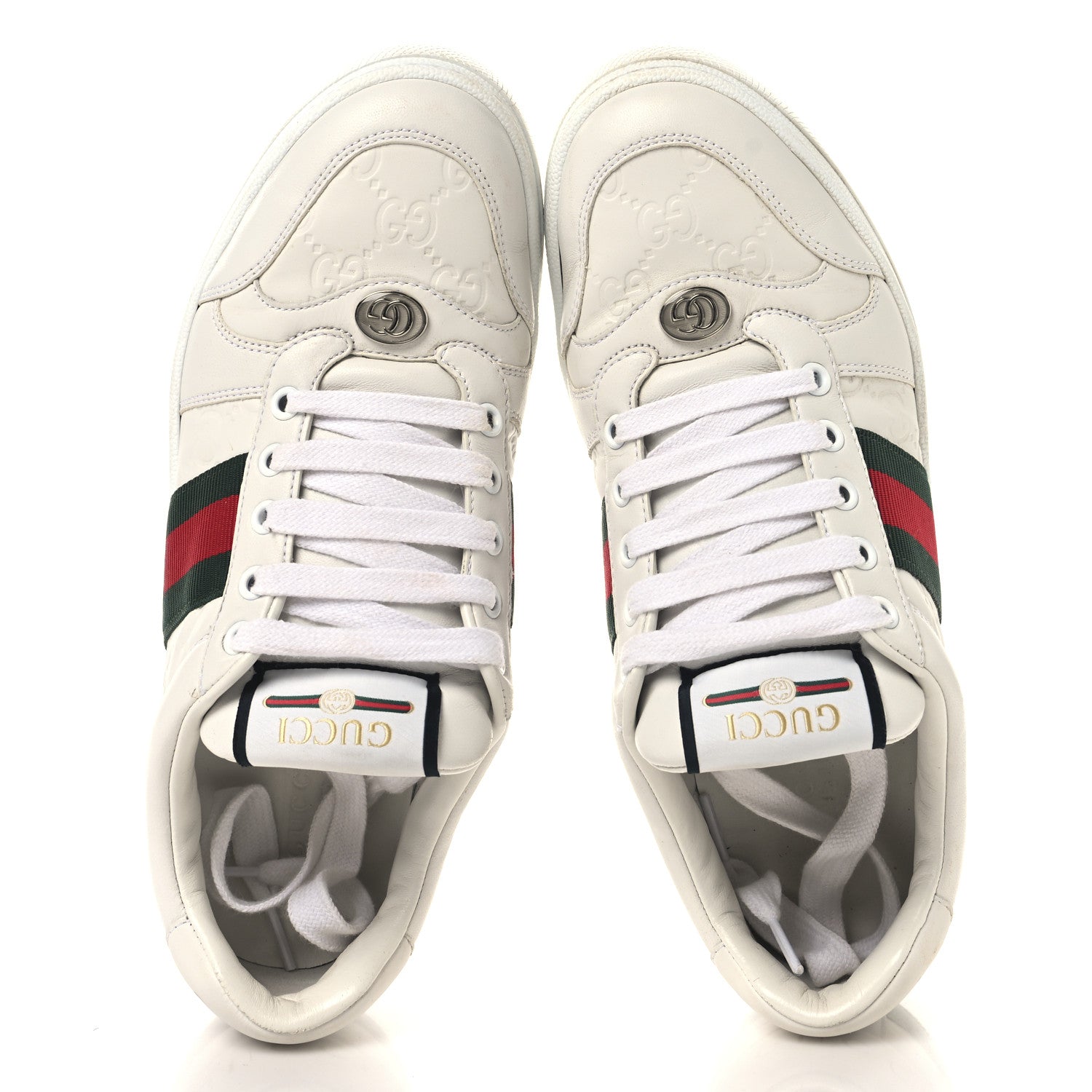 Gucci Calfskin Embossed GG Monogram Web Womens Screener Sneakers 39 White Green 5 of 9