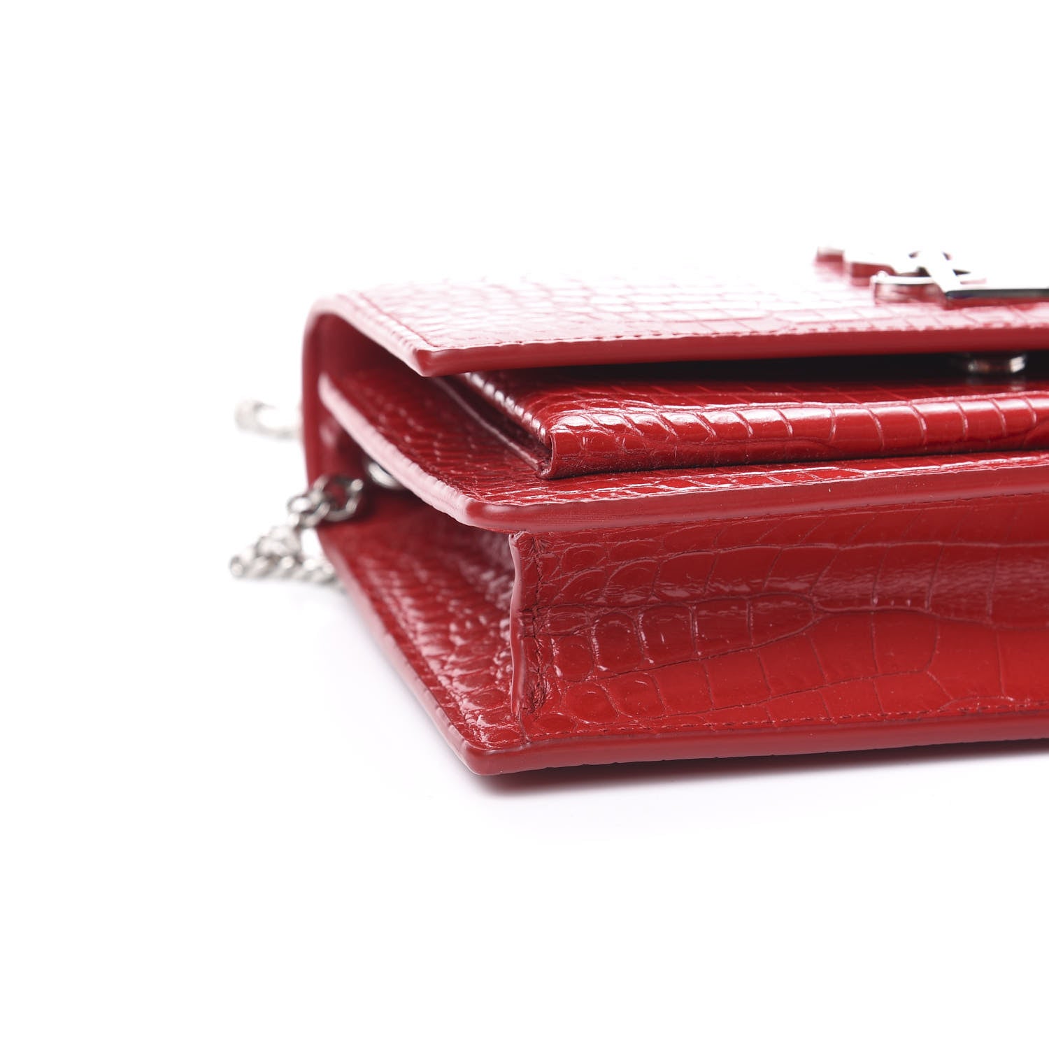 Saint Laurent Calfskin Crocodile Embossed Monogram Sunset Chain Wallet Rouge Eros 7 of 9