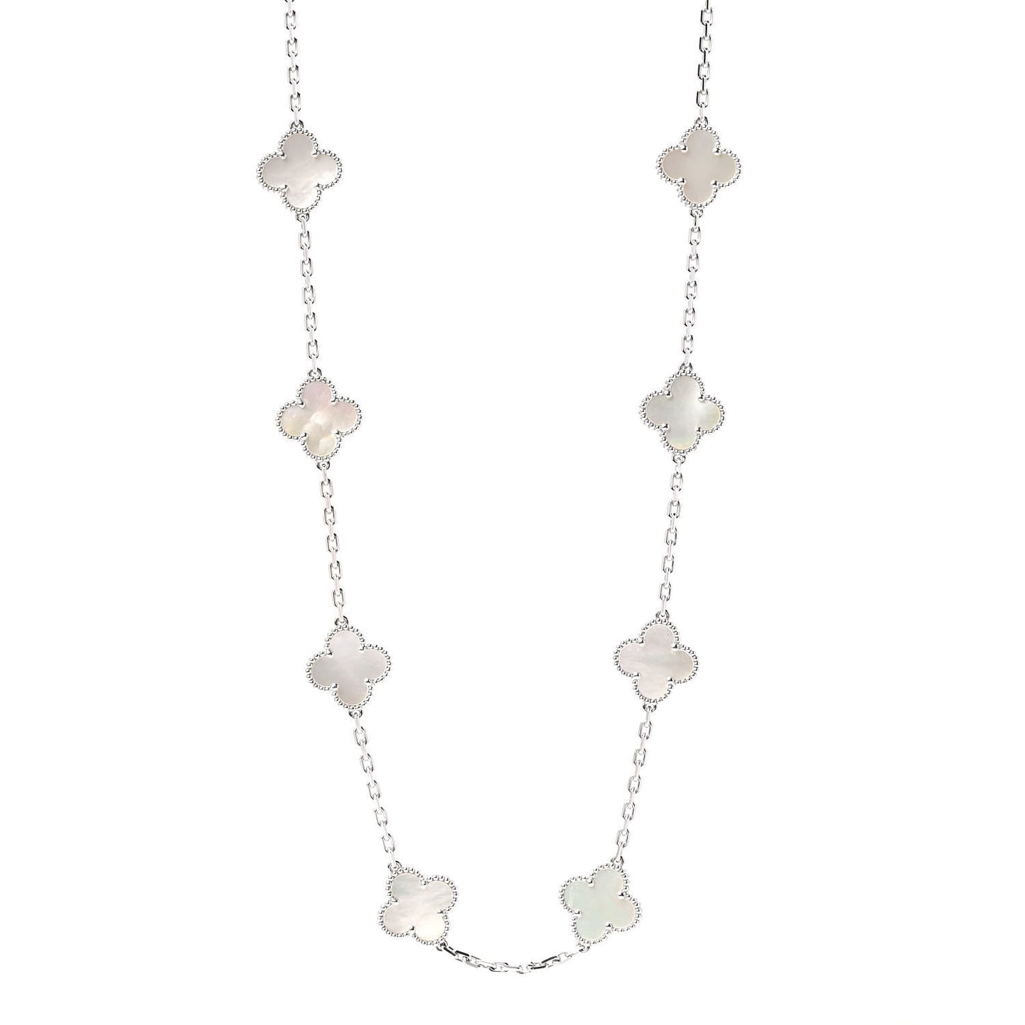 18K White Gold Mother of Pearl 20 Motifs Vintage Alhambra Necklace