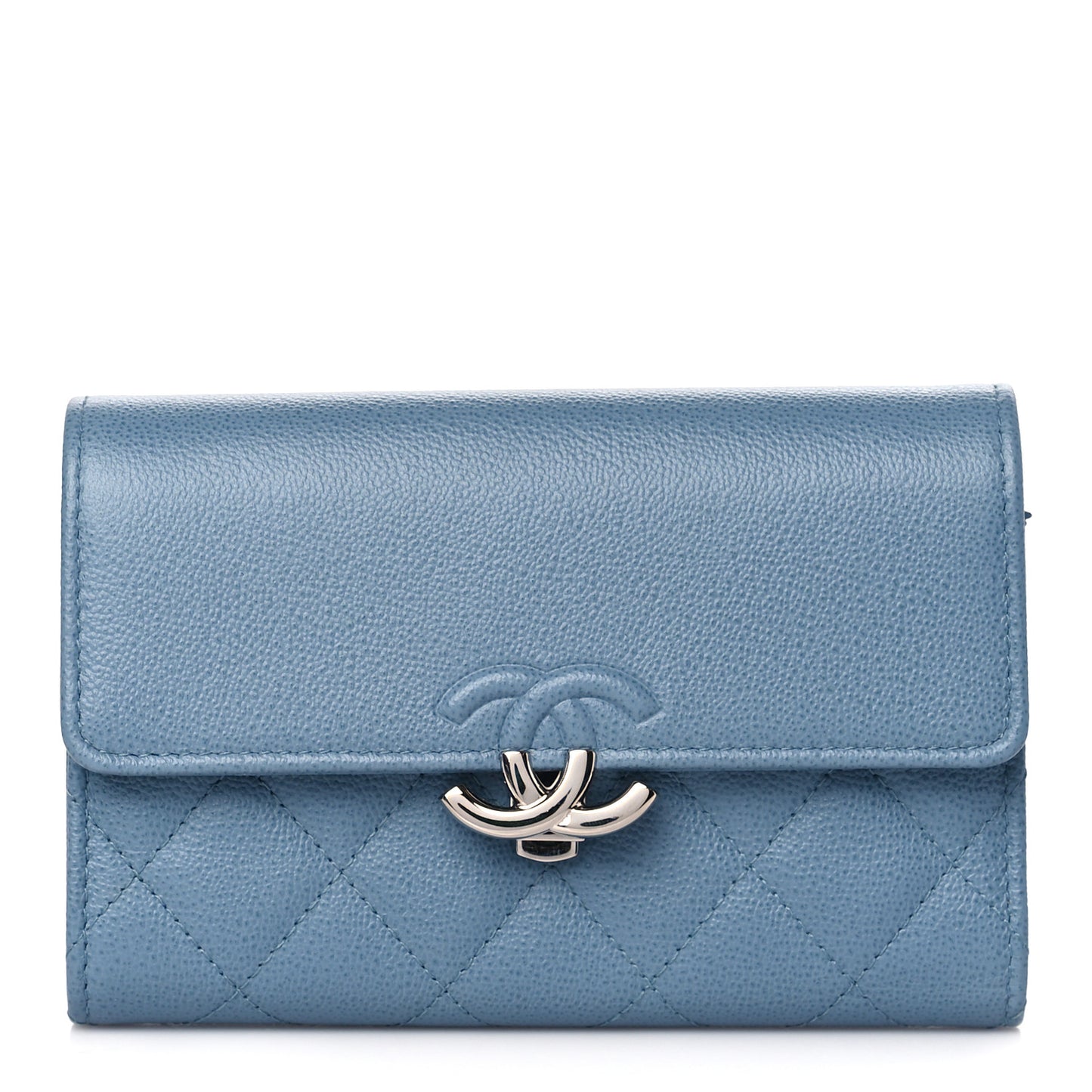 Grained Calfskin Quilted CC Box Flap Wallet Light Blue