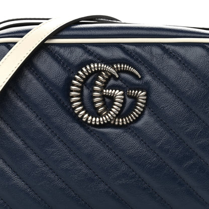Gucci Vintage Effect Calfskin Matelasse Diagonal Small Torchon GG Marmont Chain Shoulder Bag Blue Agata Mystic White 8 of 10