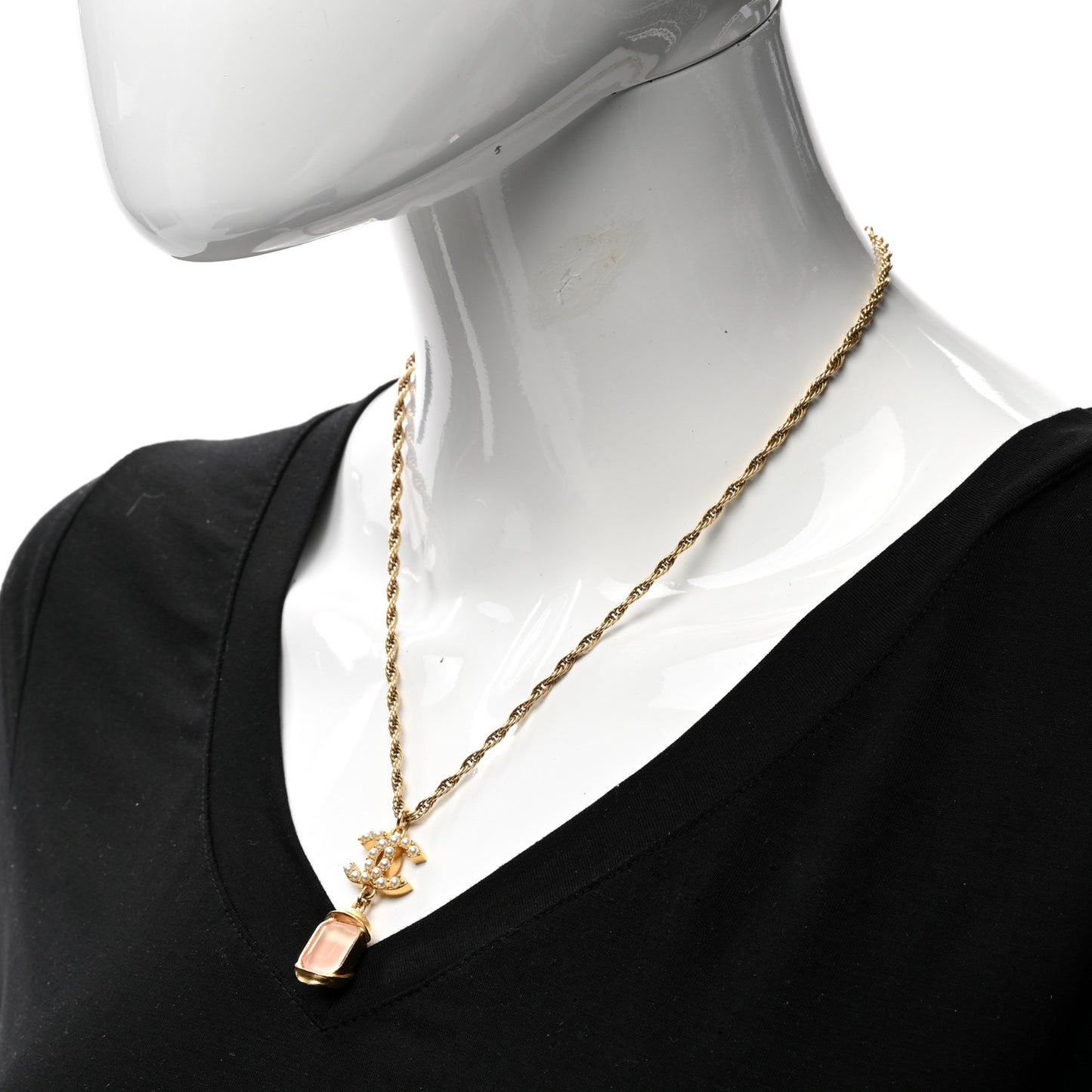 Pearl Crystal CC Pendant Necklace Gold Pink Pearly White