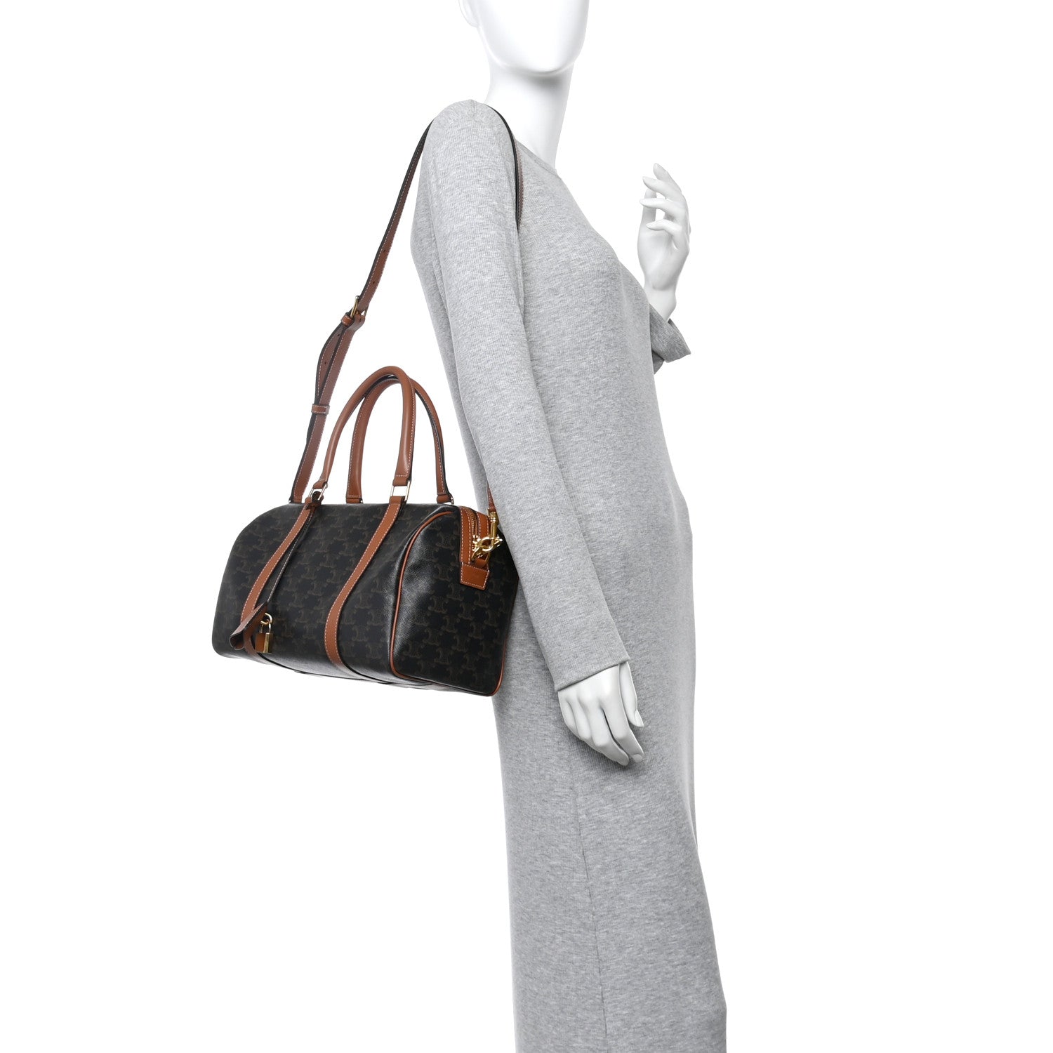 Celine Triomphe Canvas Calfskin Large Boston Bag Tan 3 of 19